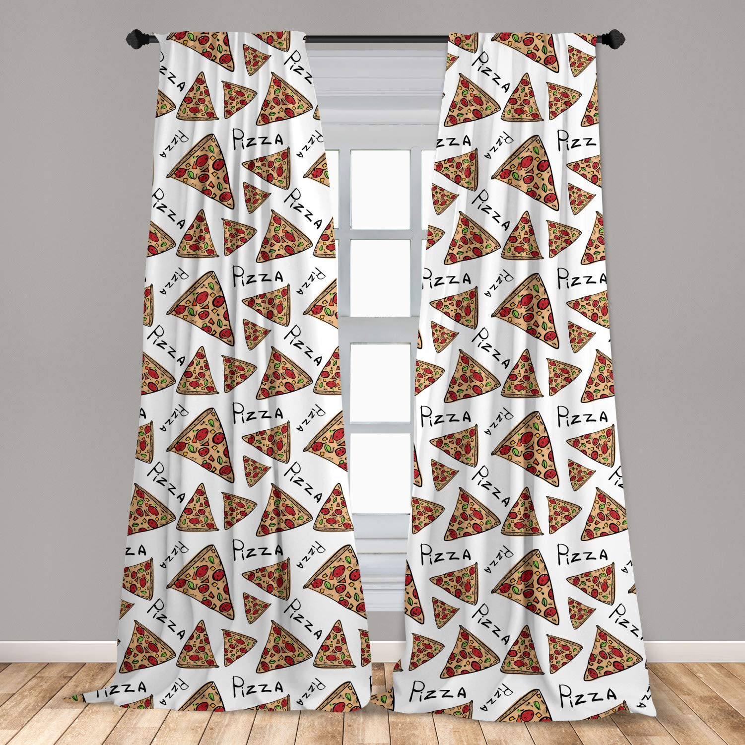 Ambesonne Pizza Themed Kitchen Curtains - Hand Drawn Doodle Style Pizzeria Menu Design, Fast Food Inspired Window Treatments, 2 Panel Set (28
