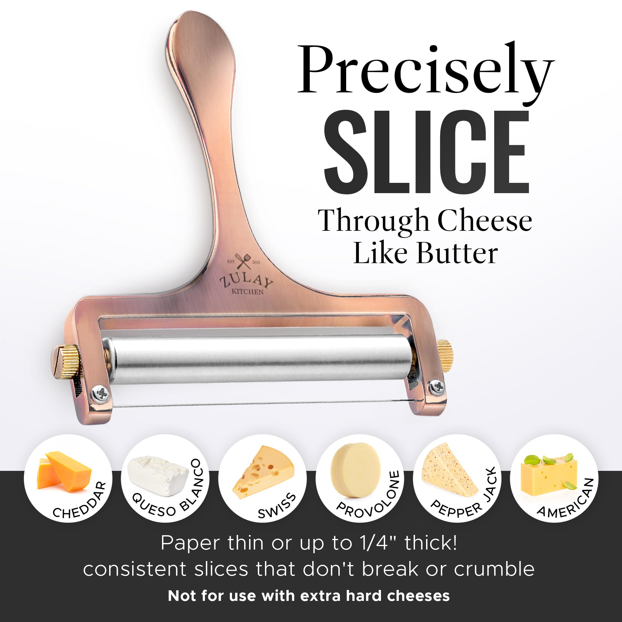 Zulay Adjustable Thickness Cheese Slicer - Heavy Duty Wire Cheese Cutter for Mozzarella, Cheddar, Gouda & Block Cheese - Includes 2 Extra Copper Wires - Perfect for Kitchen, Deli, Party Platters & Charcuterie Boards
