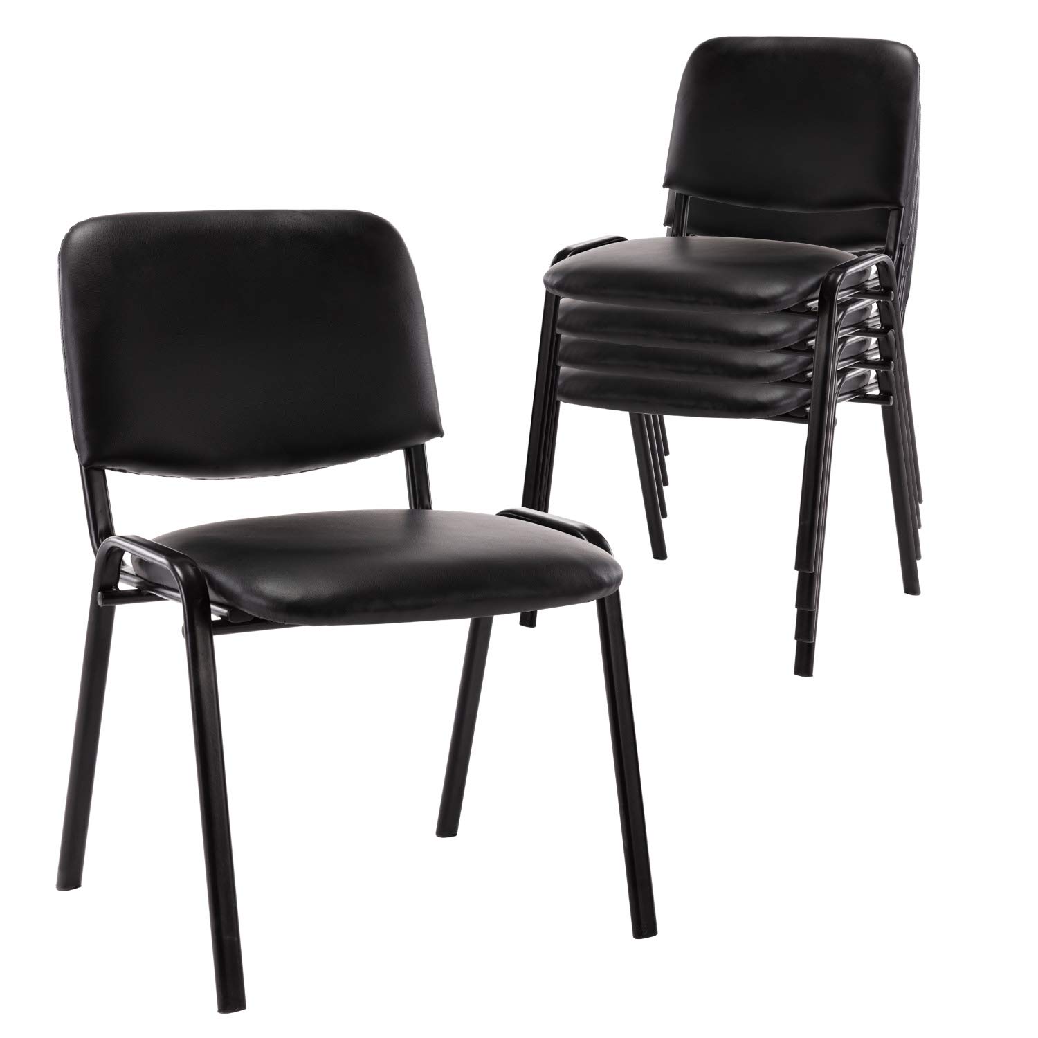 5-Pack Black Vinyl Leather Padded Stackable Chairs - Comfortable Armless Upholstered Seating for Office, Waiting Room, Church, Conference, Reception & Classroom - Space-Saving Stacking Chairs for Events & Multi-Purpose Use