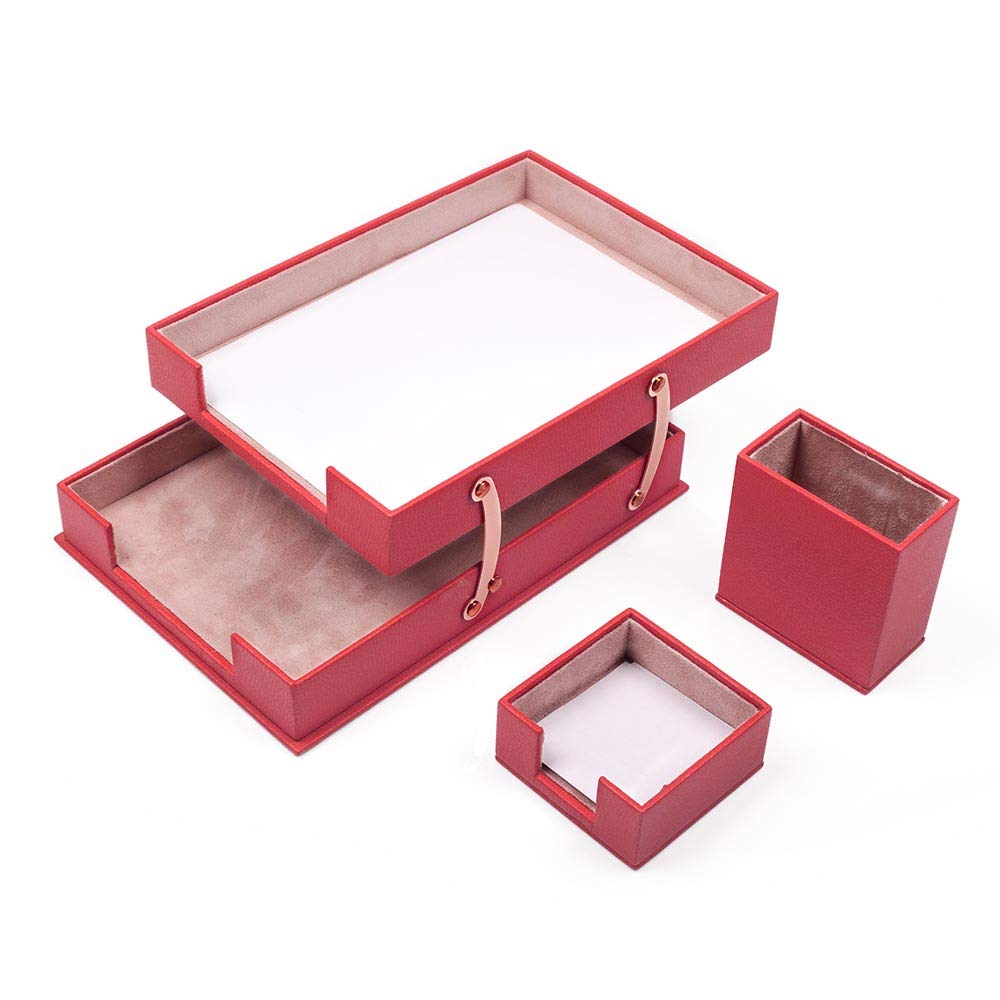 Premium 10-Piece Leather Desk Set with Double Document Tray - Elegant Desk Organizer in Red | Perfect for Office, Home Study & Professional Workspace Organization