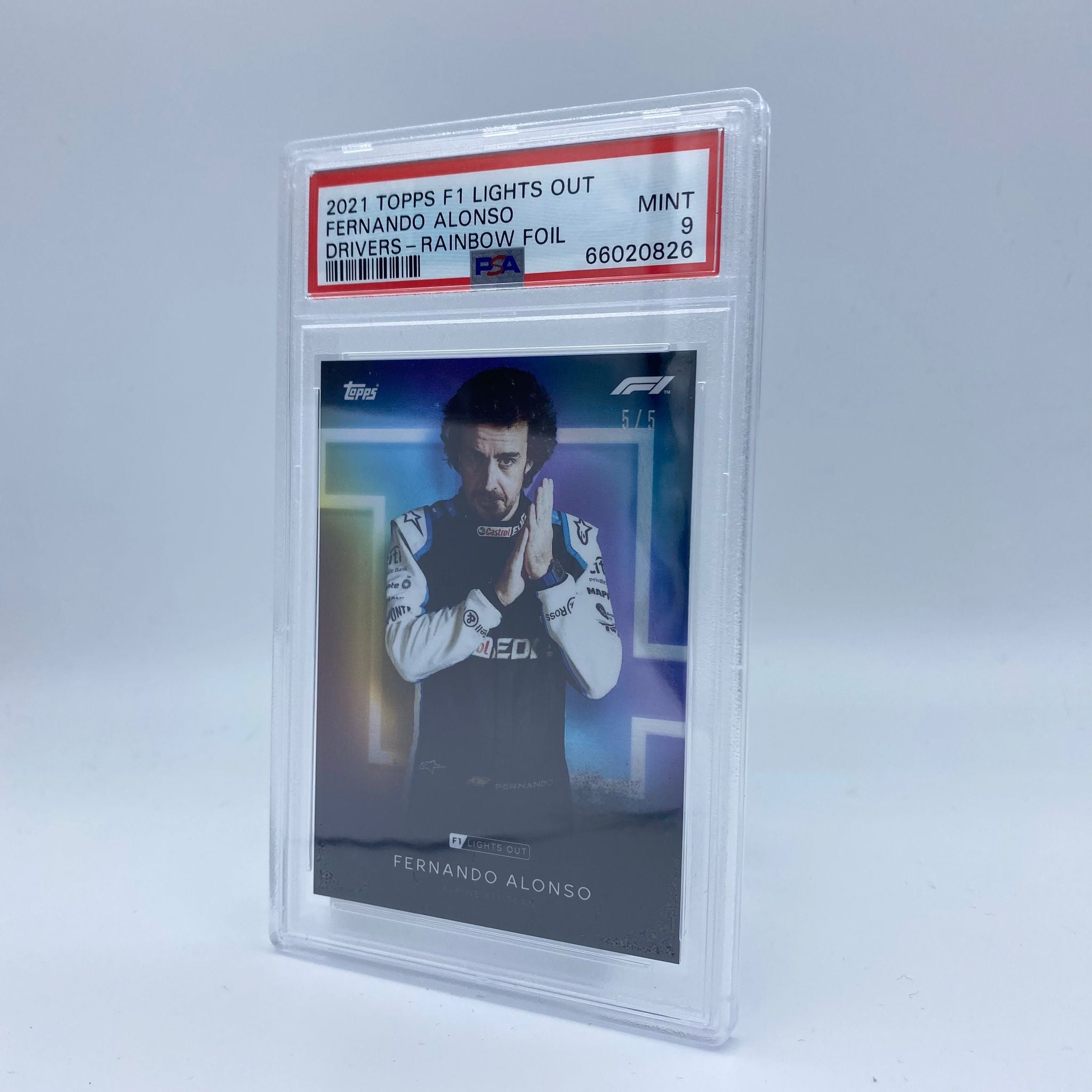 PSA 9 Graded Fernando Alonso 5/5 Drivers Rainbow Foil Trading Card - Perfect for F1 Collectors, Sports Memorabilia Displays & Investment Collections