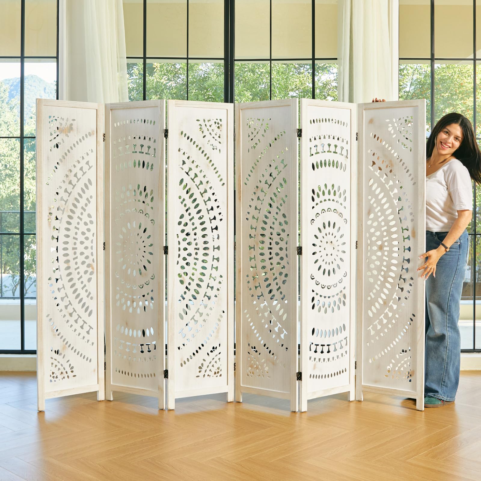 Handcrafted Wooden Room Divider - 6 Panel Folding Partition Screen with Bohemian Carvings, Antique White Finish for Home, Office & Outdoor Spaces | Perfect for Privacy, Room Separation & Decoration in Living Rooms, Bedrooms, Gardens & Terraces