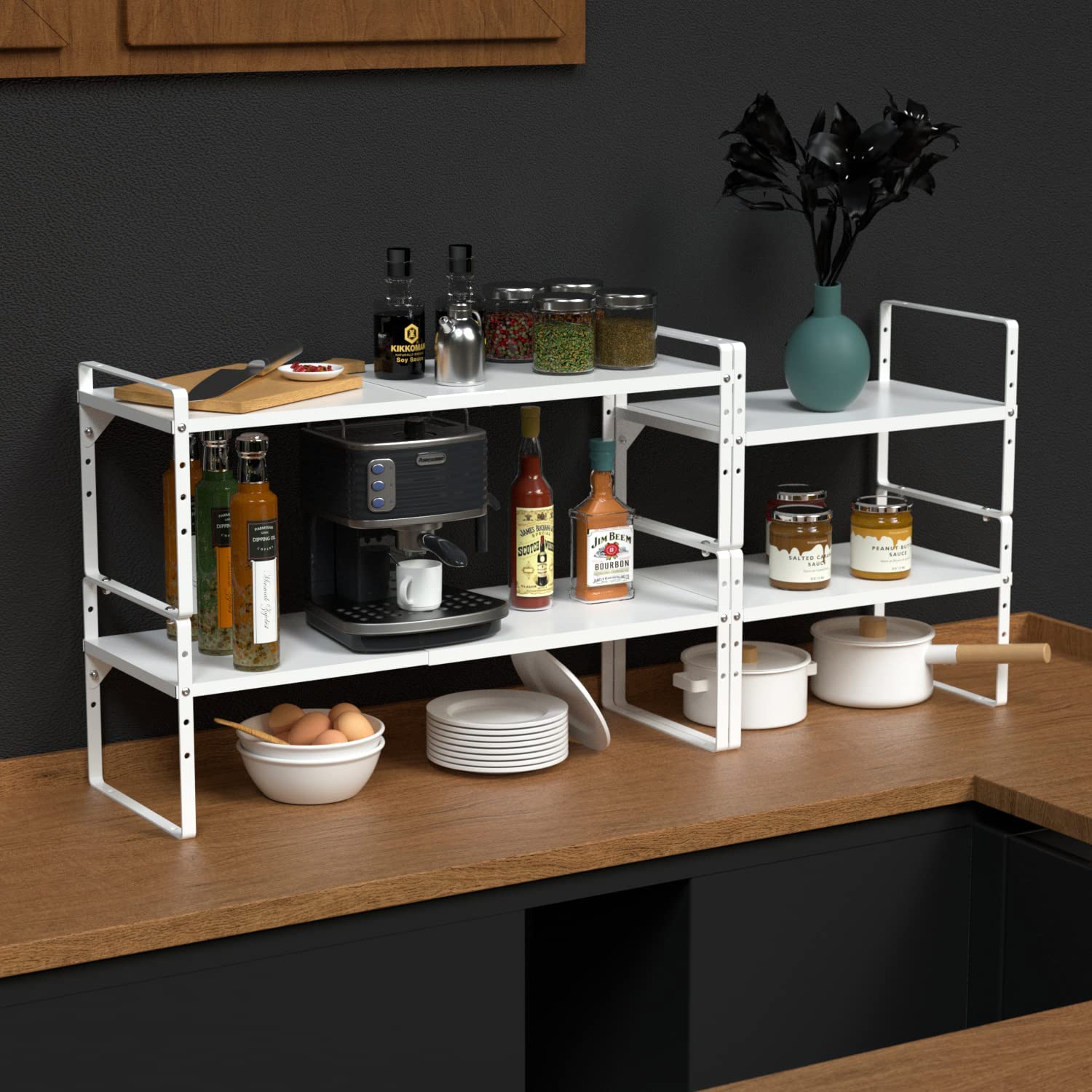 Expandable Cabinet Shelf Organizer - Stackable Kitchen Pantry Storage Rack - Adjustable Closet & Cupboard Organizer - Heavy Duty 80LBS Capacity - White Spice & Counter Organization (1 Pack) - Perfect for Small Spaces & Pantry Organization
