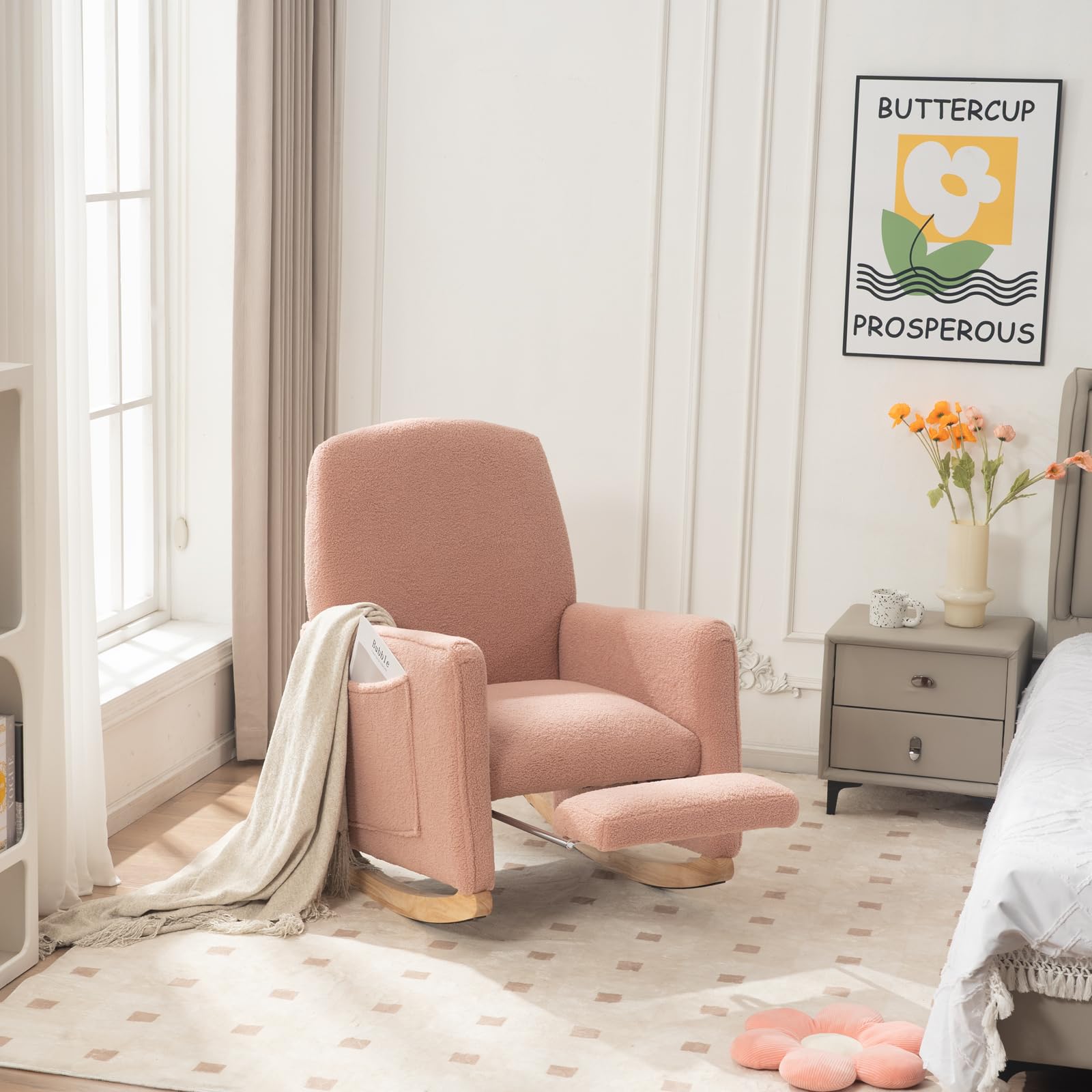 FOXHUNTER Adjustable Nursery Rocking Chair with High Backrest & Footrest - Glider Chair with Side Pockets for Baby Room - Soft Upholstered Rocking Chair for Living Room, Bedroom (Teddy Pink) - Perfect for Nursing, Reading & Relaxing