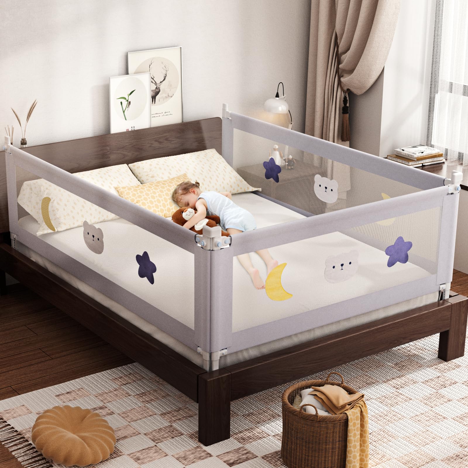 OMZER 3-Pack Toddler Bed Rails with Double Child Lock - Adjustable Height Safety Guardrail for Queen Size Beds (78.7x78.7x59