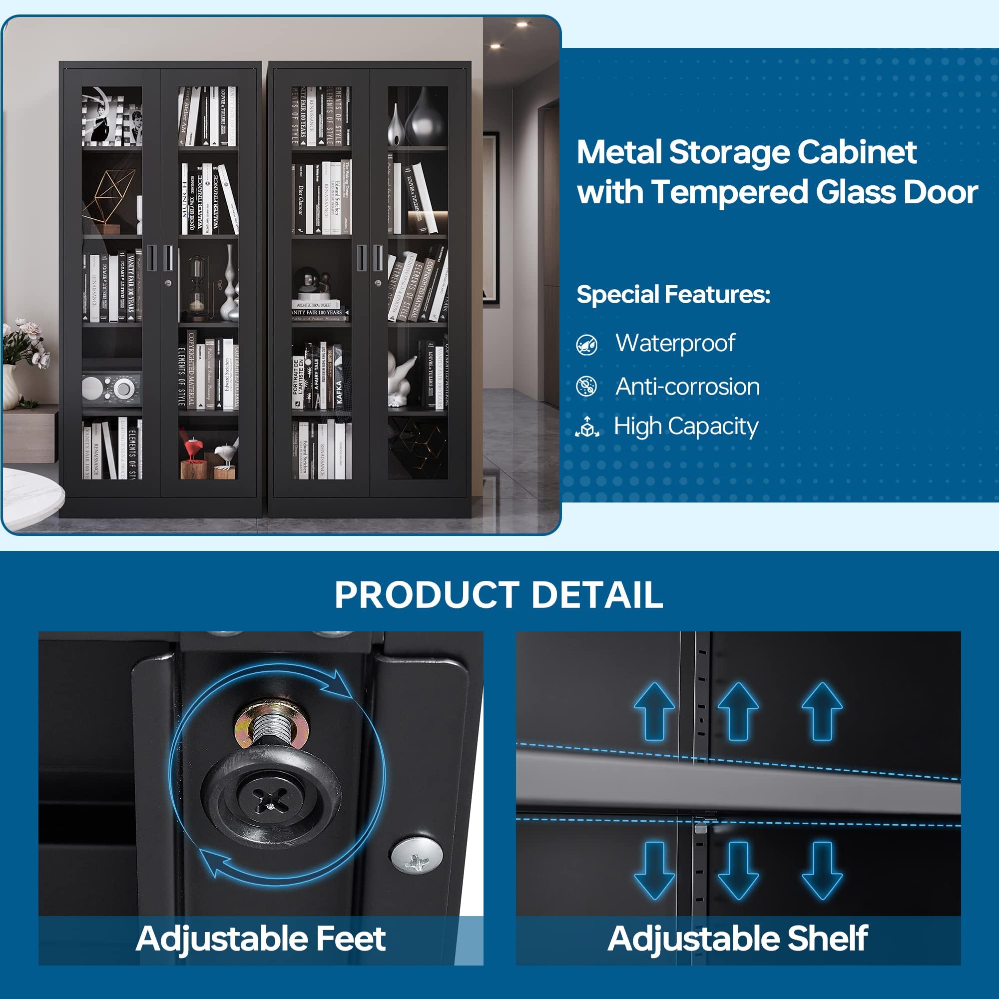 Glass Door Display Cabinet with 4 Adjustable Shelves - Locking Curio Cabinet for Home, Office, Clinic & Pantry - Easy Assembly Black Storage Case | Perfect for Showcasing Collectibles, China, or Retail Merchandise