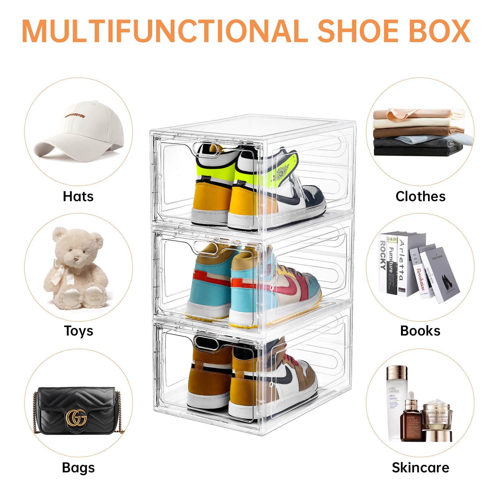6 Pack Clear Large Shoe Storage Box with Magnetic Door - Stackable Shoe Organizer for Sneakers Display | Fits Up to US Size 12 | Easy Assembly | Perfect for Closet Organization, Bedroom Storage & Sneaker Collection Display