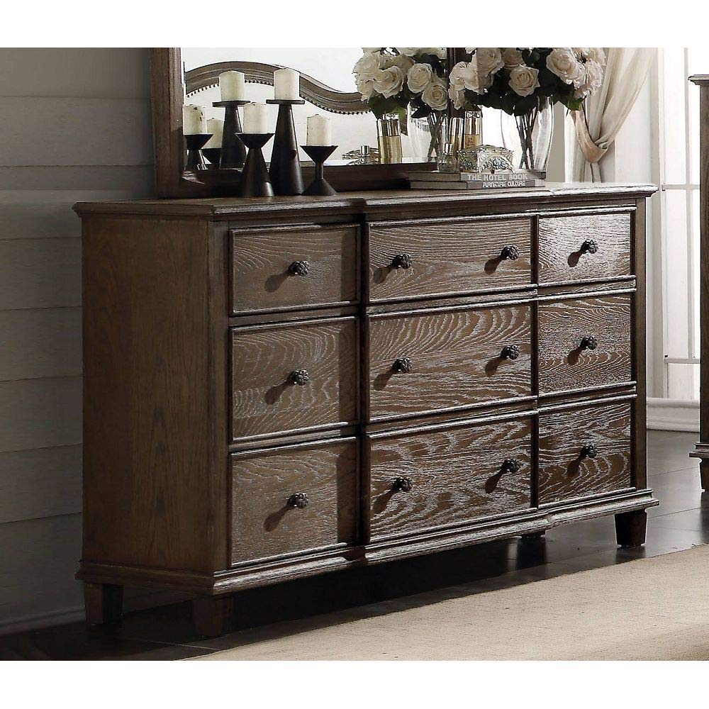 Weathered Oak 9-Drawer Dresser - American Classic Style Wooden Storage Cabinet for Bedroom | Rustic Brown Dresser Closet with Makeup Table | Perfect for Clothes Organization & Bedroom Furniture Arrangement