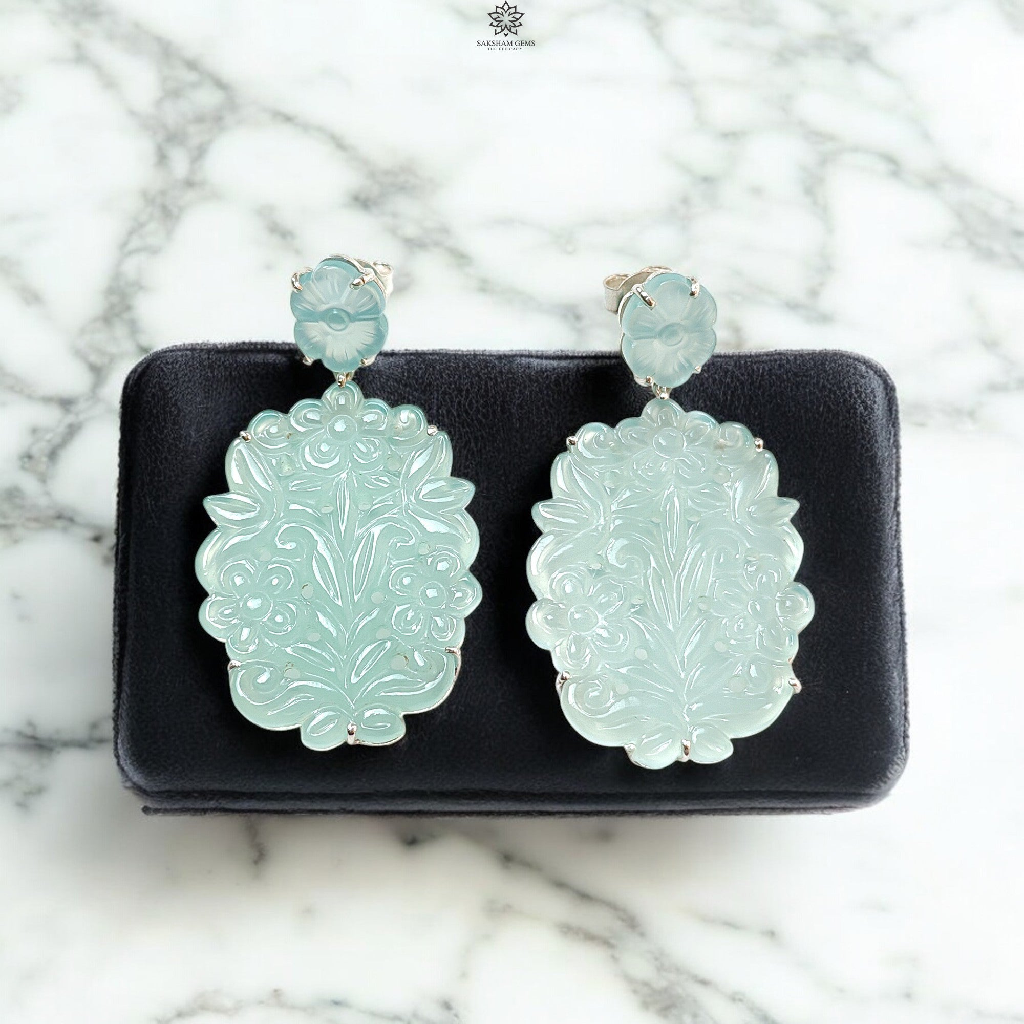 Natural Light Blue Onyx Hand Carved Oval Stud Earrings - 925 Sterling Silver Prong Setting with Push Back (17.6g) | Elegant Jewelry for Women, Perfect for Parties, Weddings & Special Occasions