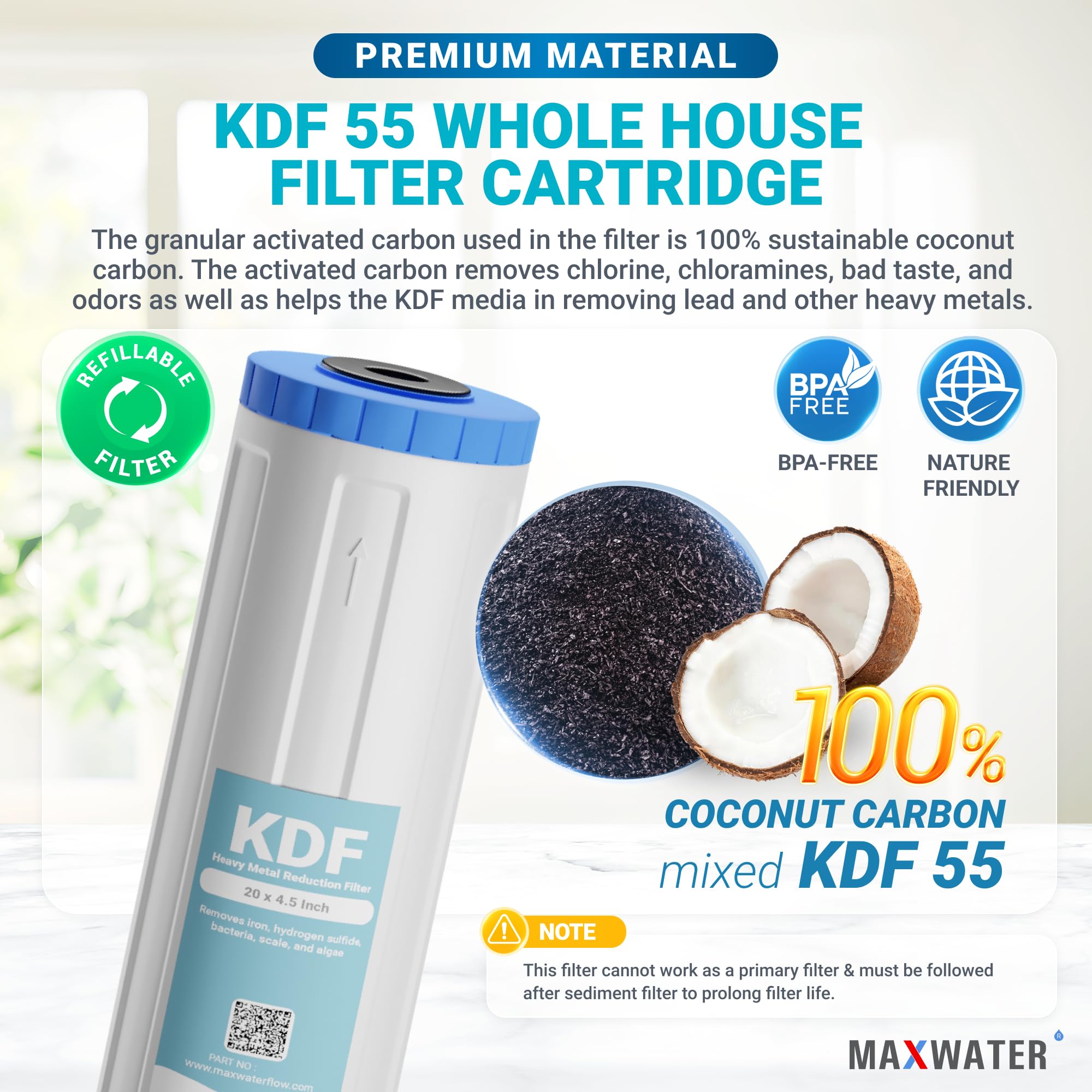 Max Water 20-Inch Heavy Metal Water Filter Cartridge - KDF 55 & GAC Carbon Filter (20