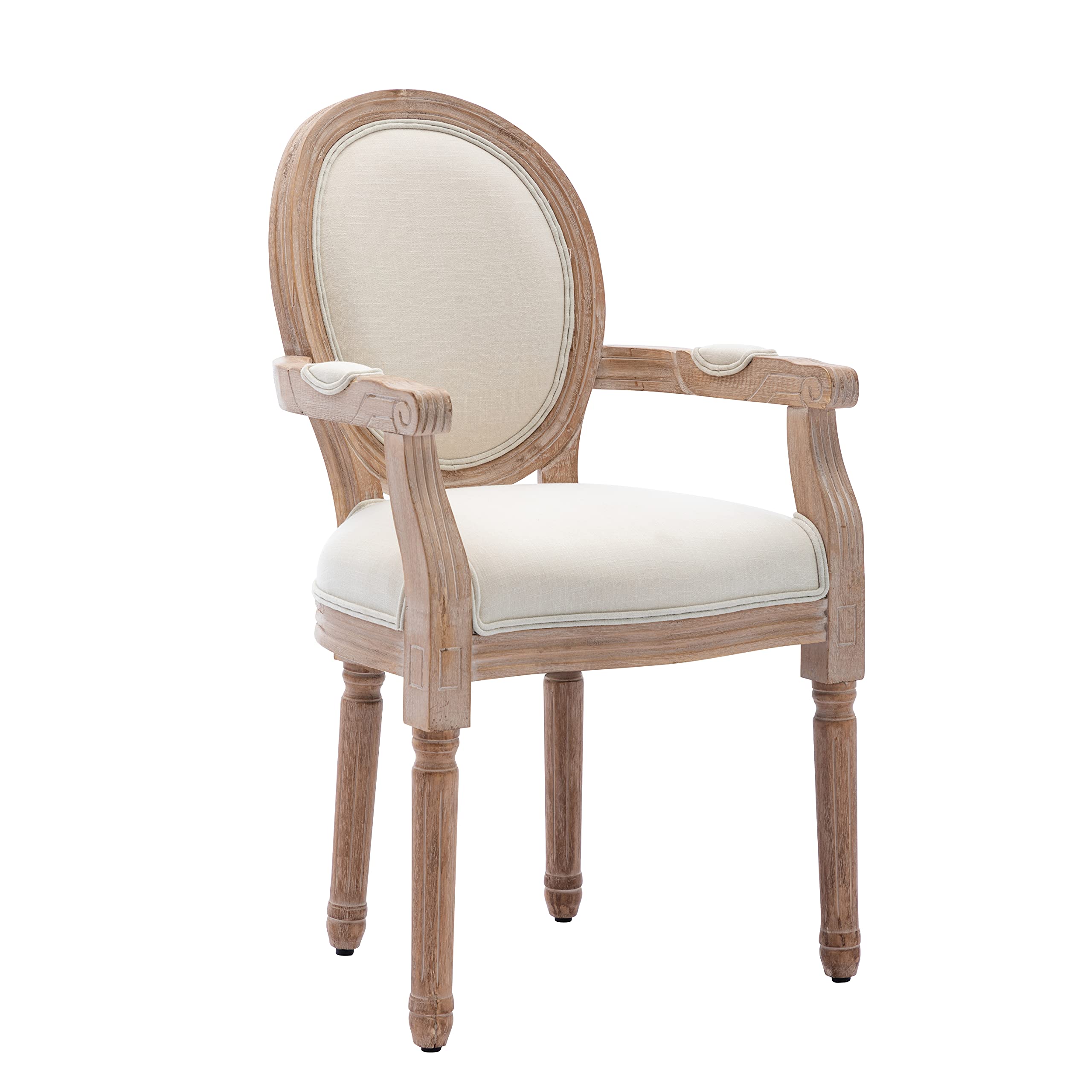 SSLine Set of 2 French Dining Chairs with Armrests - Solid Wood Farmhouse Kitchen Chairs, Retro Round Back Upholstered in Linen - Perfect for Dining Room, Living Room & Bedroom Decor