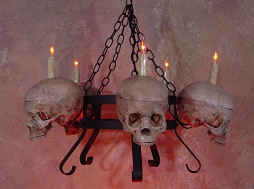 Gothic Skull Chandelier - 5 Life-Size Metal Skulls with Dual Iron Frame, No Jaws - Perfect for Halloween Decor, Haunted House Lighting & Gothic Home Decor