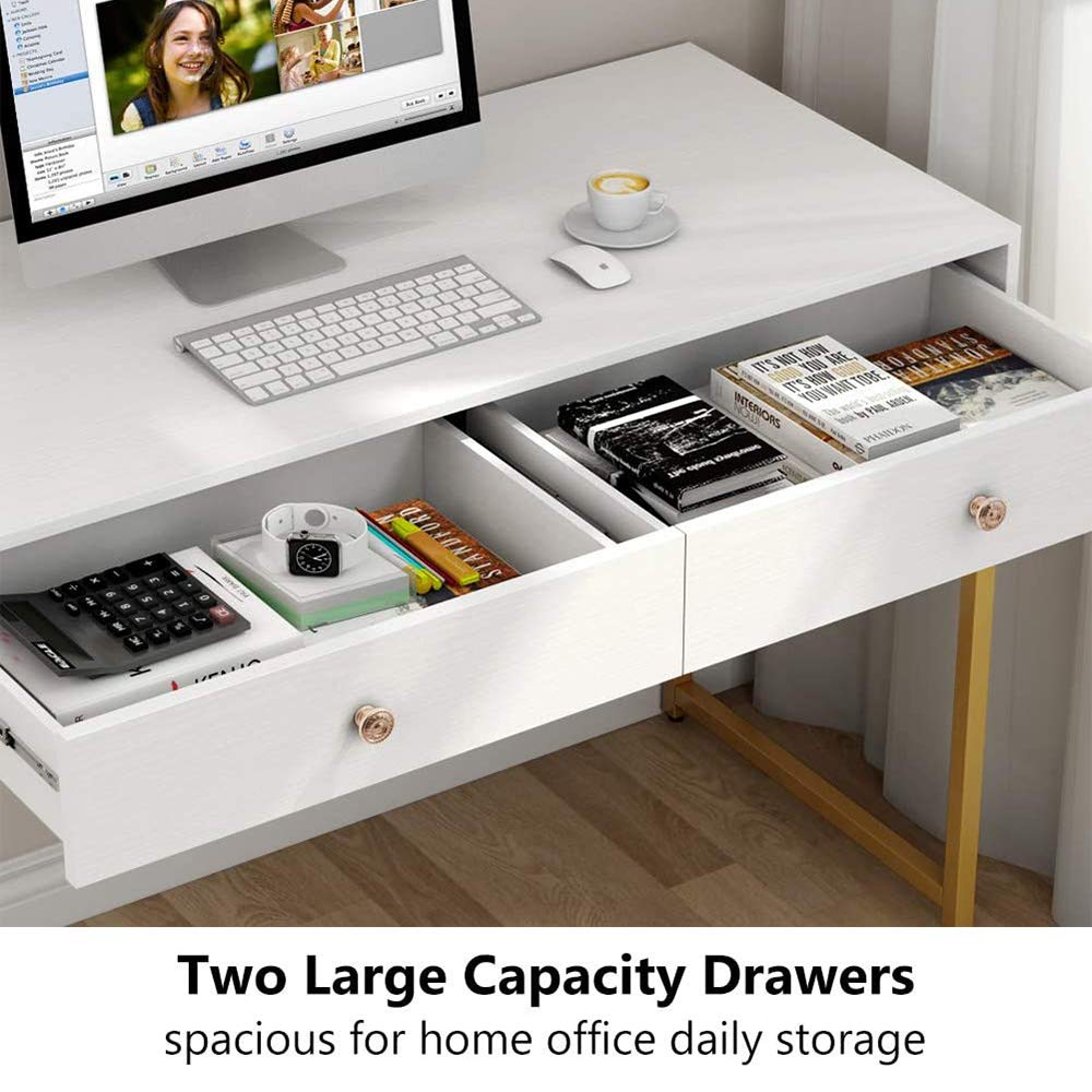 Modern White & Brass Office Desk with 2 Storage Drawers - HomVent Contemporary Writing Computer Desk for Home Office, Study Room, or Vanity Makeup Station - Sturdy Metallic Legs & Spacious Work Surface