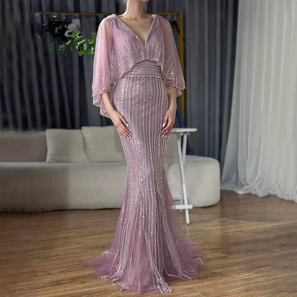 Elegant Turquoise Mermaid Evening Gown with Beaded Cape - Luxury Dubai Style Wedding Dress for Women | Perfect for 2025 Weddings, Formal Parties & Red Carpet Events