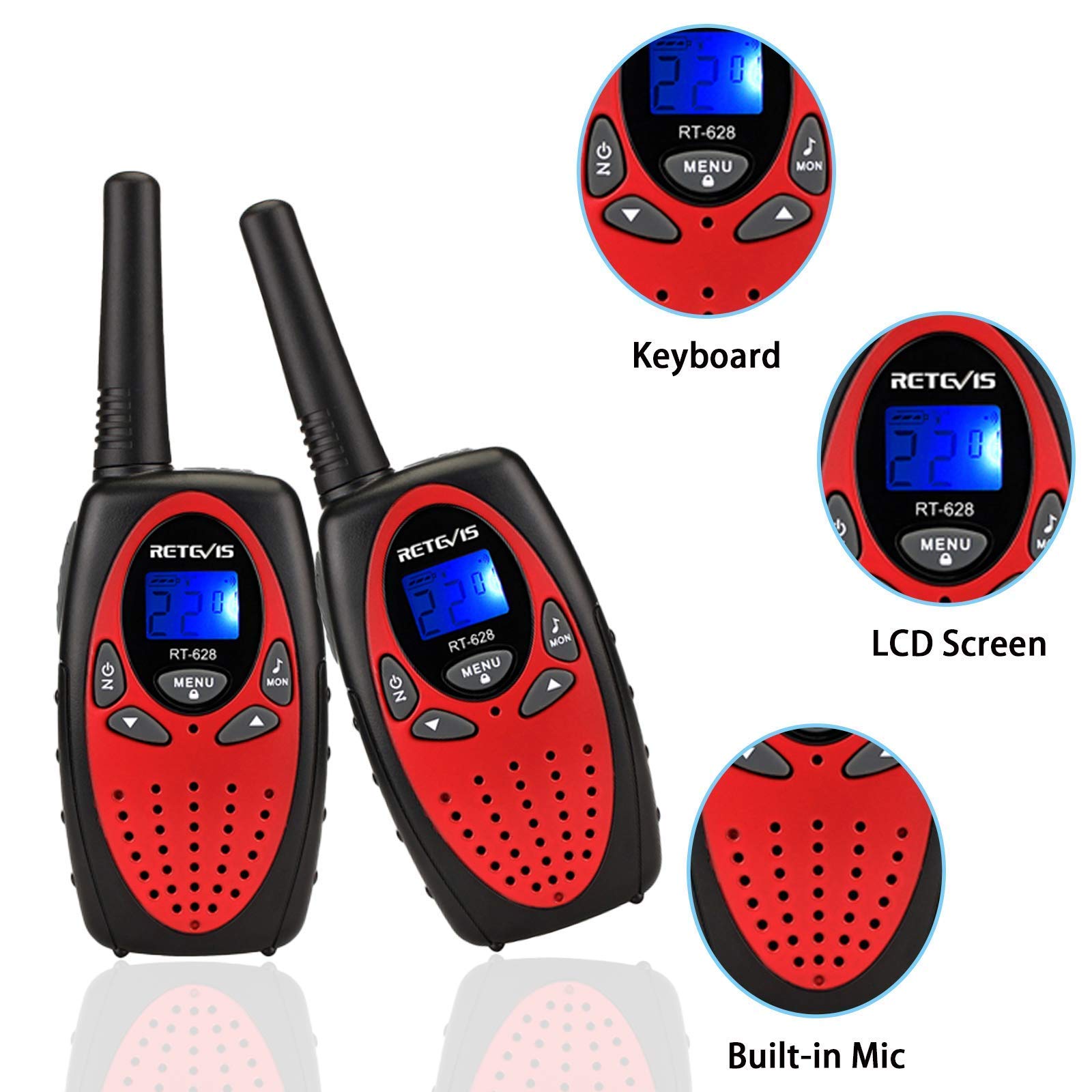 Retevis RT628 Kids Walkie Talkies Rechargeable - 2 Pack Long Range 2 Way Radios with 22 Channels, Backlit LCD Screen & VOX - Perfect for Indoor Outdoor Adventures, Camping, Hiking (Red) - Ideal Gift for Boys Girls Ages 6-12