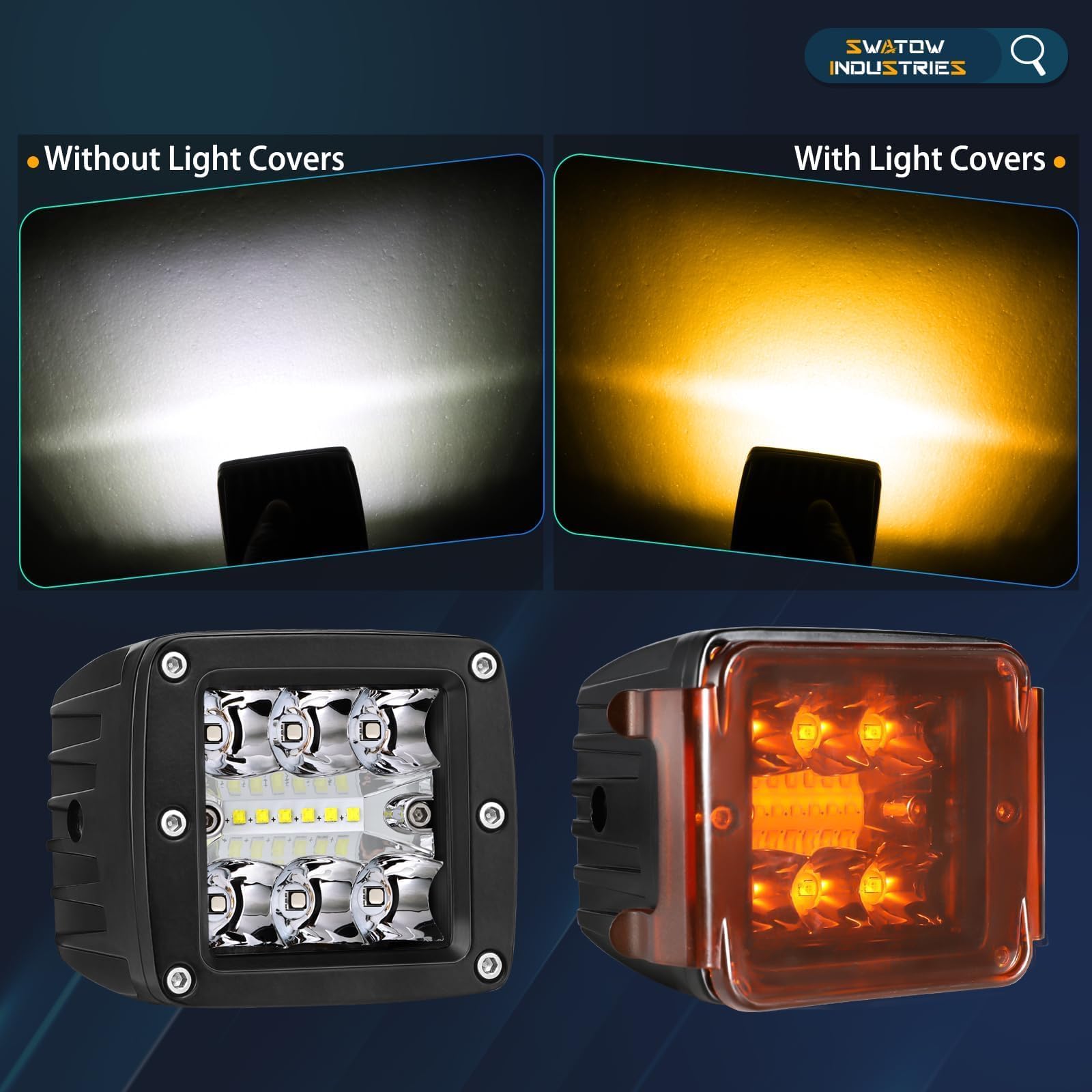 3 Inch Amber LED Pod Covers 2PCS - Durable Polycarbonate Square LED Light Bar & Cube Covers - Protective Lens for Off-Road, Truck, ATV, Marine & Work Lights