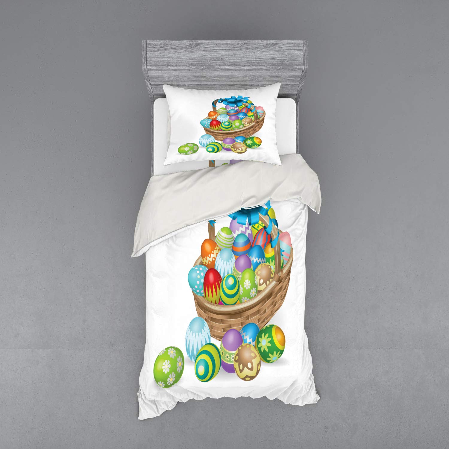 Ambesonne Easter Bedding Set - 3 Piece Duvet Cover with Sham & Fitted Sheet, Twin XL Size, Colorful Egg Design with Blue Ribbon for Spring Decor | Perfect for Easter Holiday Home Decor & Seasonal Bedroom Refresh