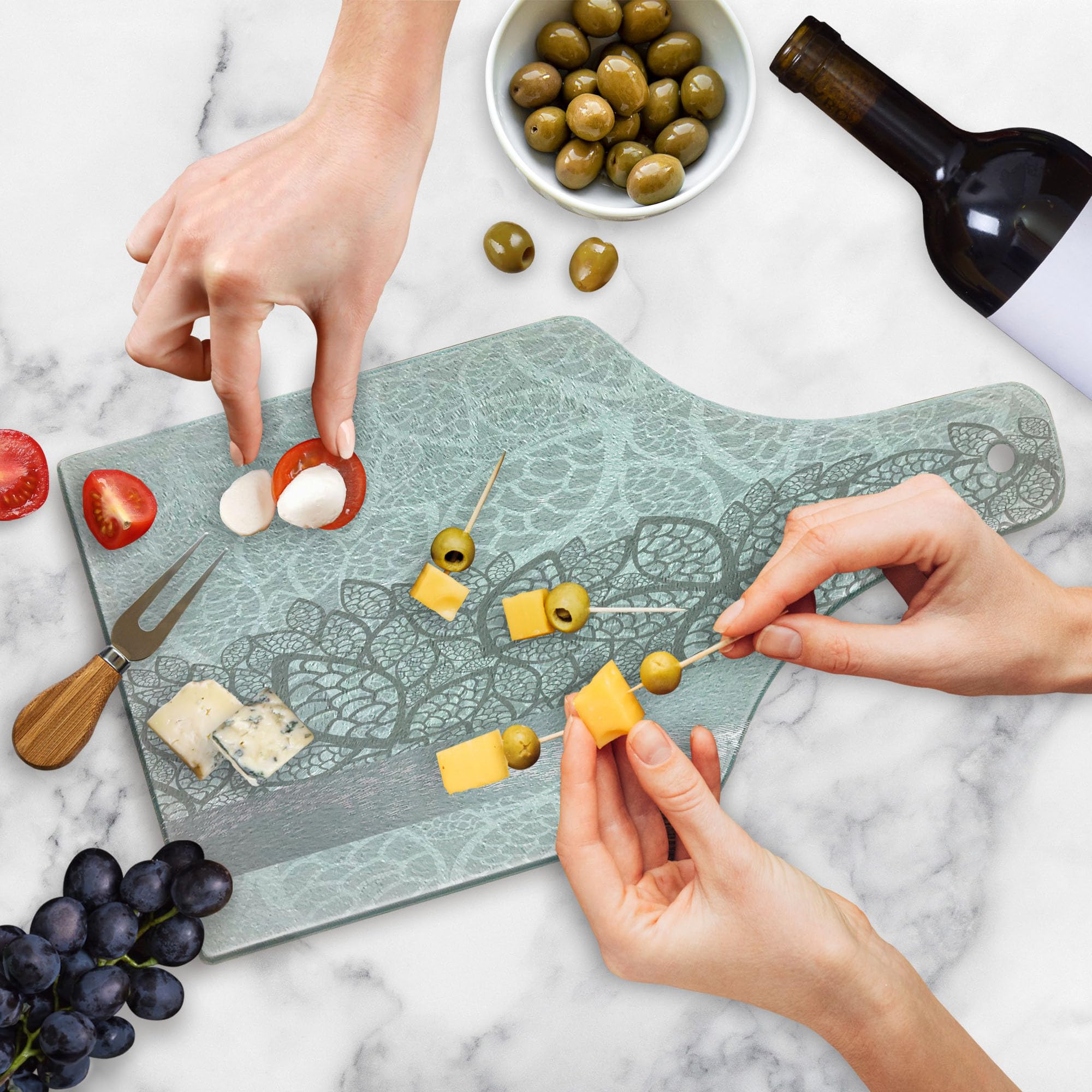 Ambesonne Grey Tempered Glass Cutting Board - Lace Flower & Stylized Leaves Design - Decorative Serving Board for Kitchen, Wedding, Bridal Shower - Wine Bottle Shape in Pale Grey & White - Perfect for Cheese, Charcuterie & Wine Pairing
