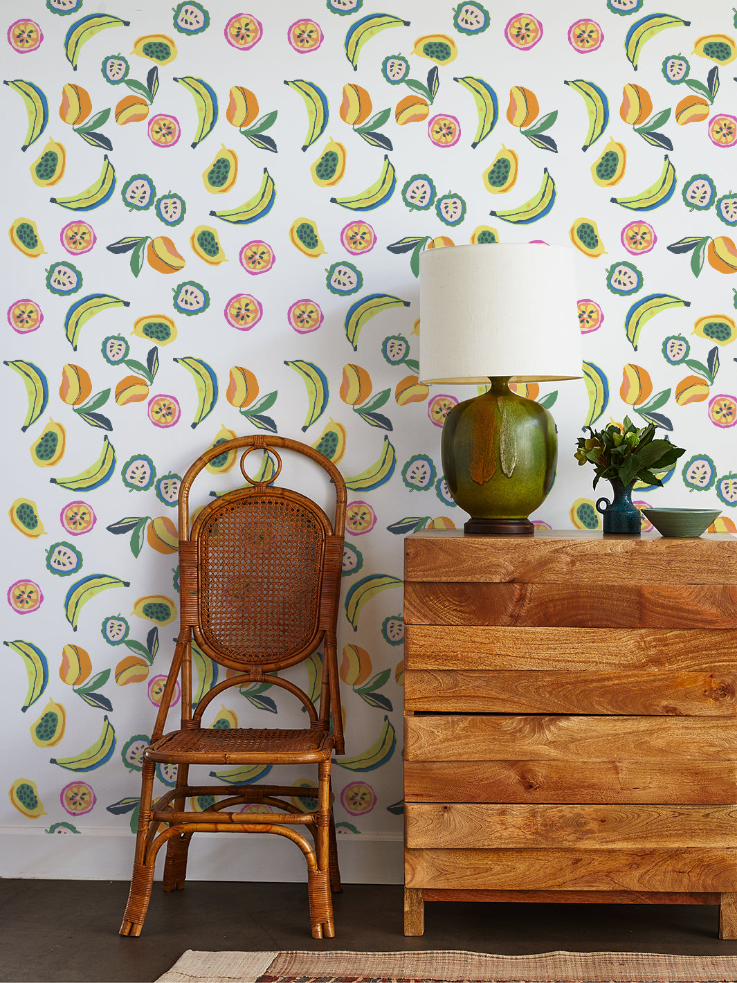 Tea Collection 'Mango Papaya' Peel and Stick Wallpaper - White Tropical Fruit Pattern - Perfect for Nursery, Bedroom, or Kitchen Decor