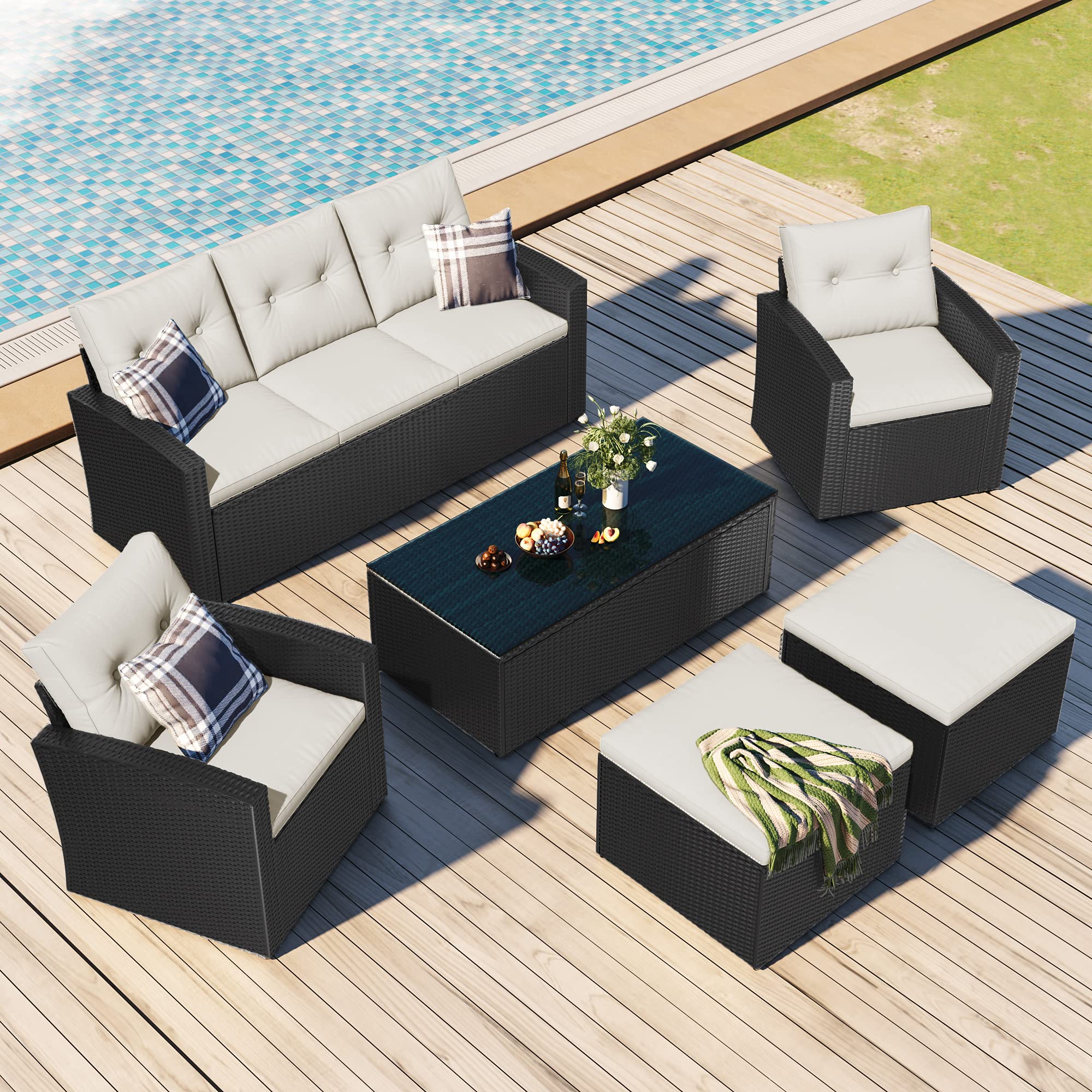6-Piece Outdoor Patio Furniture Set - Rattan Wicker Sectional Sofa with Glass Coffee Table, Ottomans, Armchairs & Washable Cushions (Black + Beige) - Perfect for Backyard, Garden, Poolside & Patio Relaxation