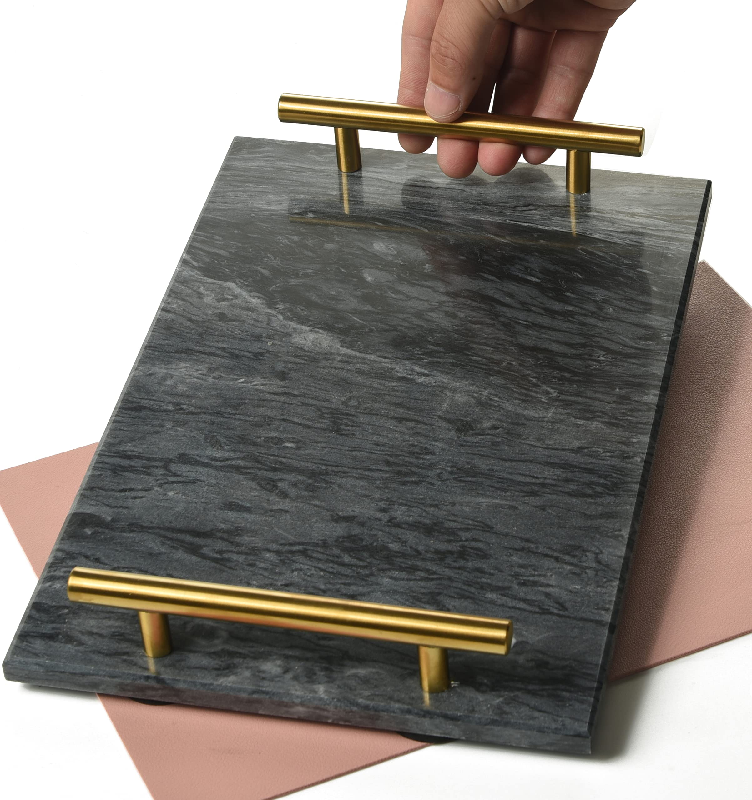 Natural Marble Tray with Gold Handle - Elegant Decorative Stone Tray for Bathroom, Kitchen, Vanity, Dresser & Nightstand - 11.8