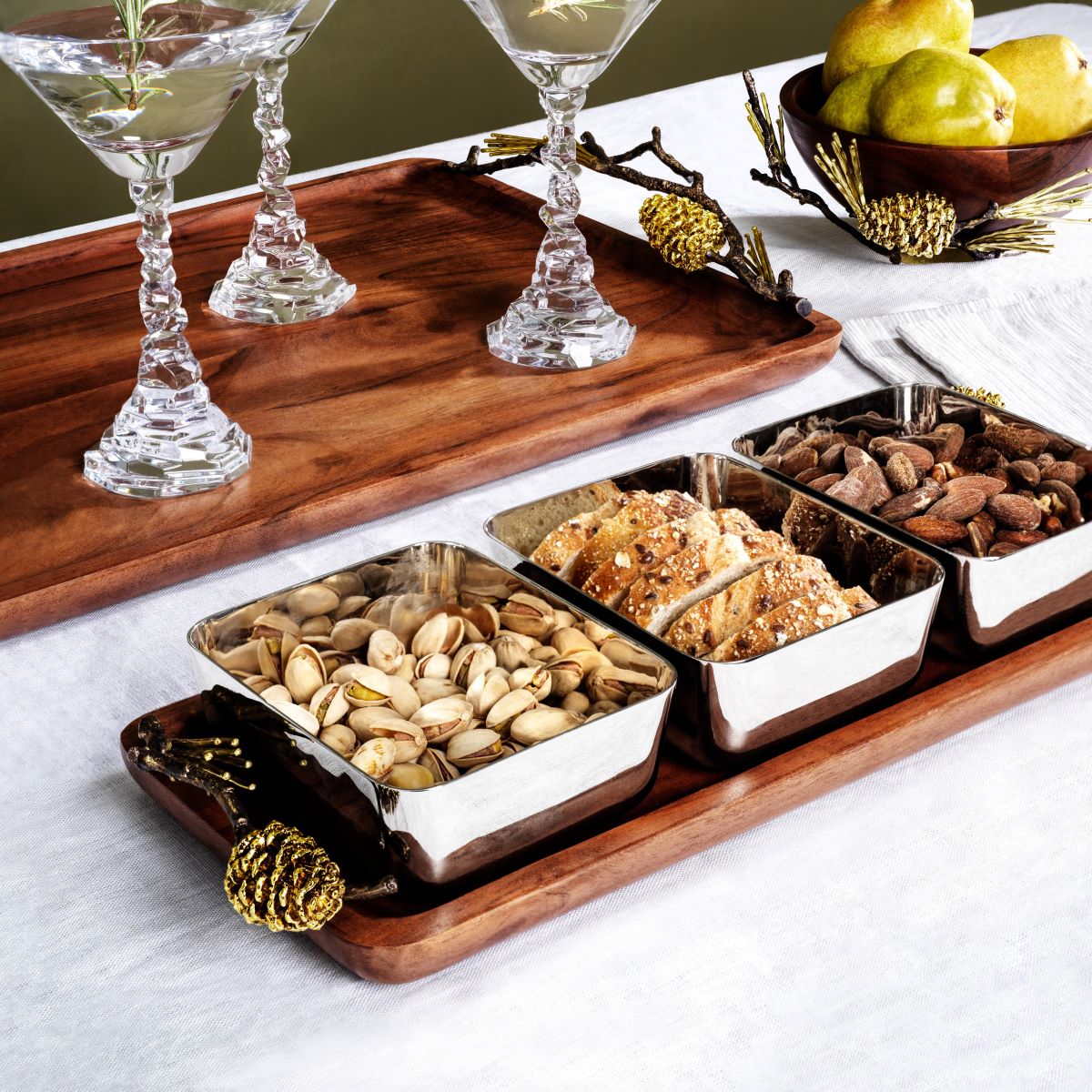 Premium Pine Cone Wood Triple Bowl Set - Handcrafted Rustic Serving Bowls for Salads, Nuts, Snacks - Perfect for Farmhouse Dining, Kitchen Decor & Party Serving