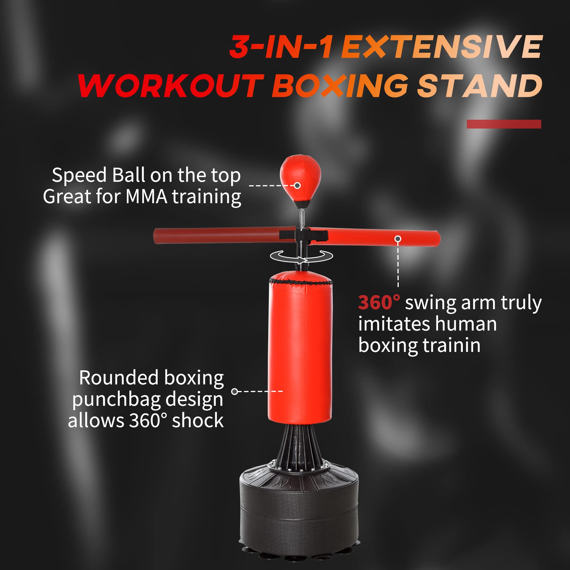 Soozier Freestanding Punching Bag Stand with Rotating Flexible Arm - Adjustable Speed Ball - Water/Sand Fillable Base for Boxing Training, Home Gym & Martial Arts Practice