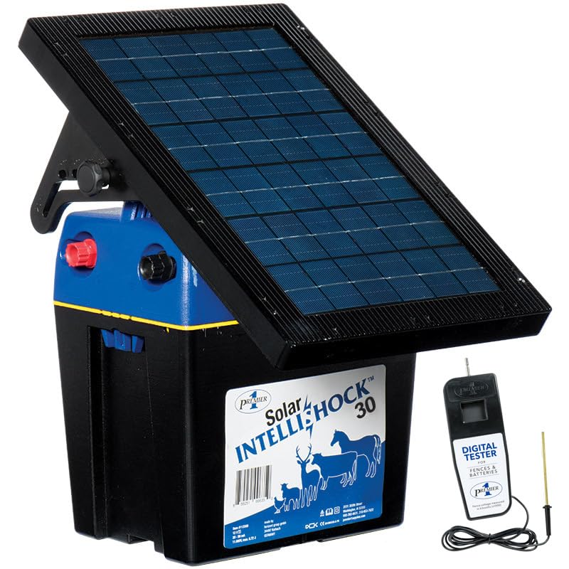 Premier 1 Solar IntelliShock® 30 Fence Energizer Kit with Digital Tester - Solar Powered Electric Fence Charger for Livestock, Pets & Wildlife Control - Perfect for Farms, Ranches & Rural Properties