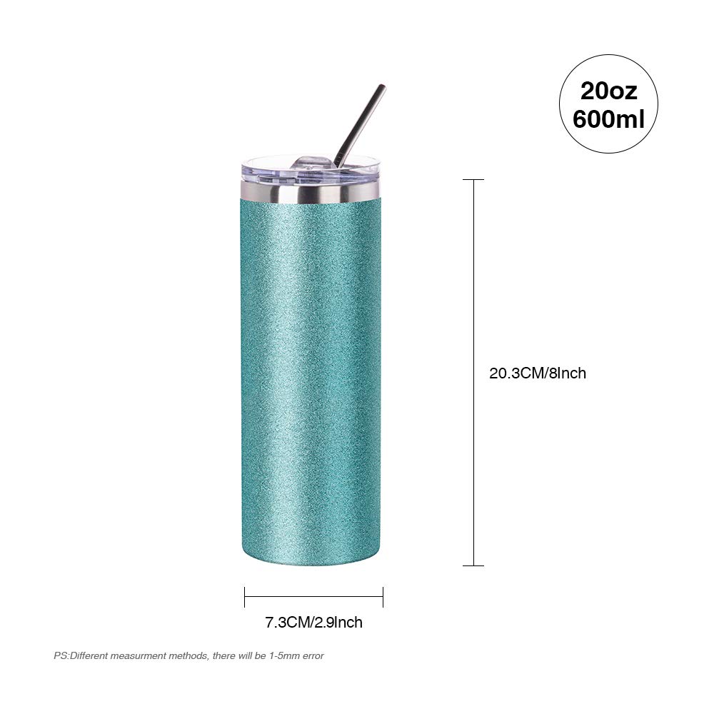 PYD Life 20oz Sublimation Blank Glitter Skinny Tumbler - Teal Stainless Steel Coffee Cup with Lid & Metal Straw - Heat Press & Oven Safe for Sublimation Printing - 4 Pack - Perfect for DIY Crafts, Gifts, and Custom Drinkware