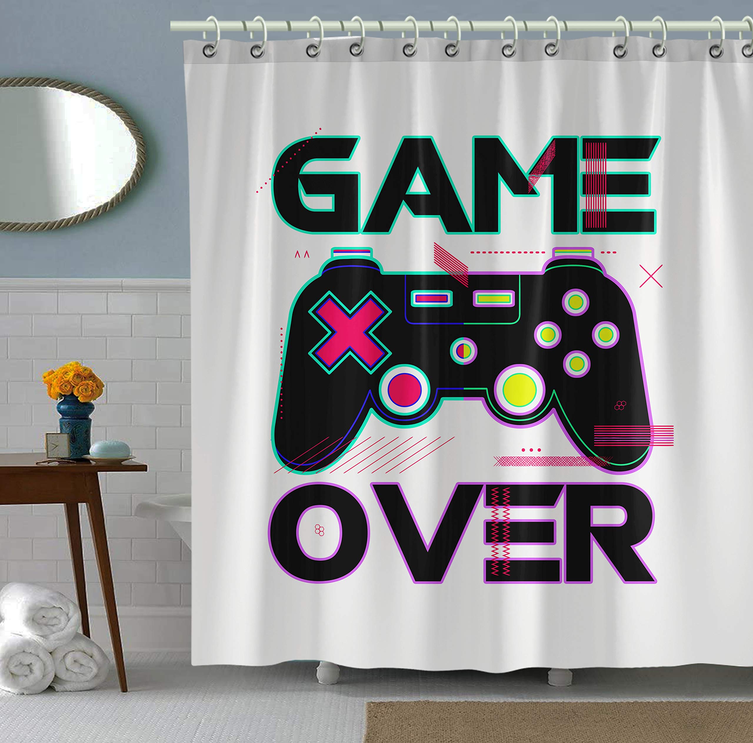 Funny Game Over Gamer Joypad Console Controller Shower Curtain - White Waterproof Fabric Bathroom Decor (72x72 Inches) for Gaming Enthusiasts & Retro Game Lovers