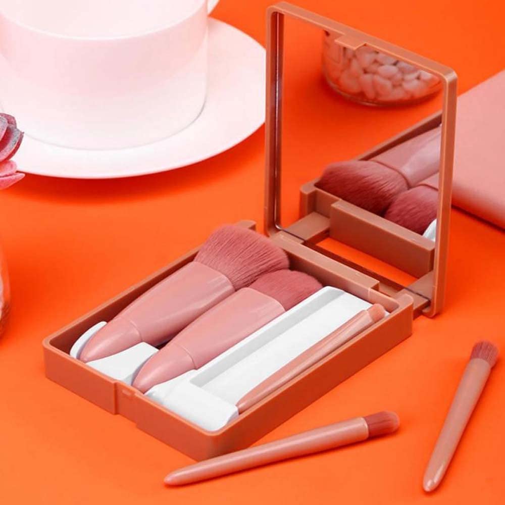 LANELLIE 5-Piece Professional Makeup Brush Set with Travel Case & Built-in Mirror - Portable Cosmetic Brushes for Eyeshadow, Powder, Foundation & Blush (Box Shape) | Perfect for Travel, On-the-Go Touch Ups & Professional Makeup Application