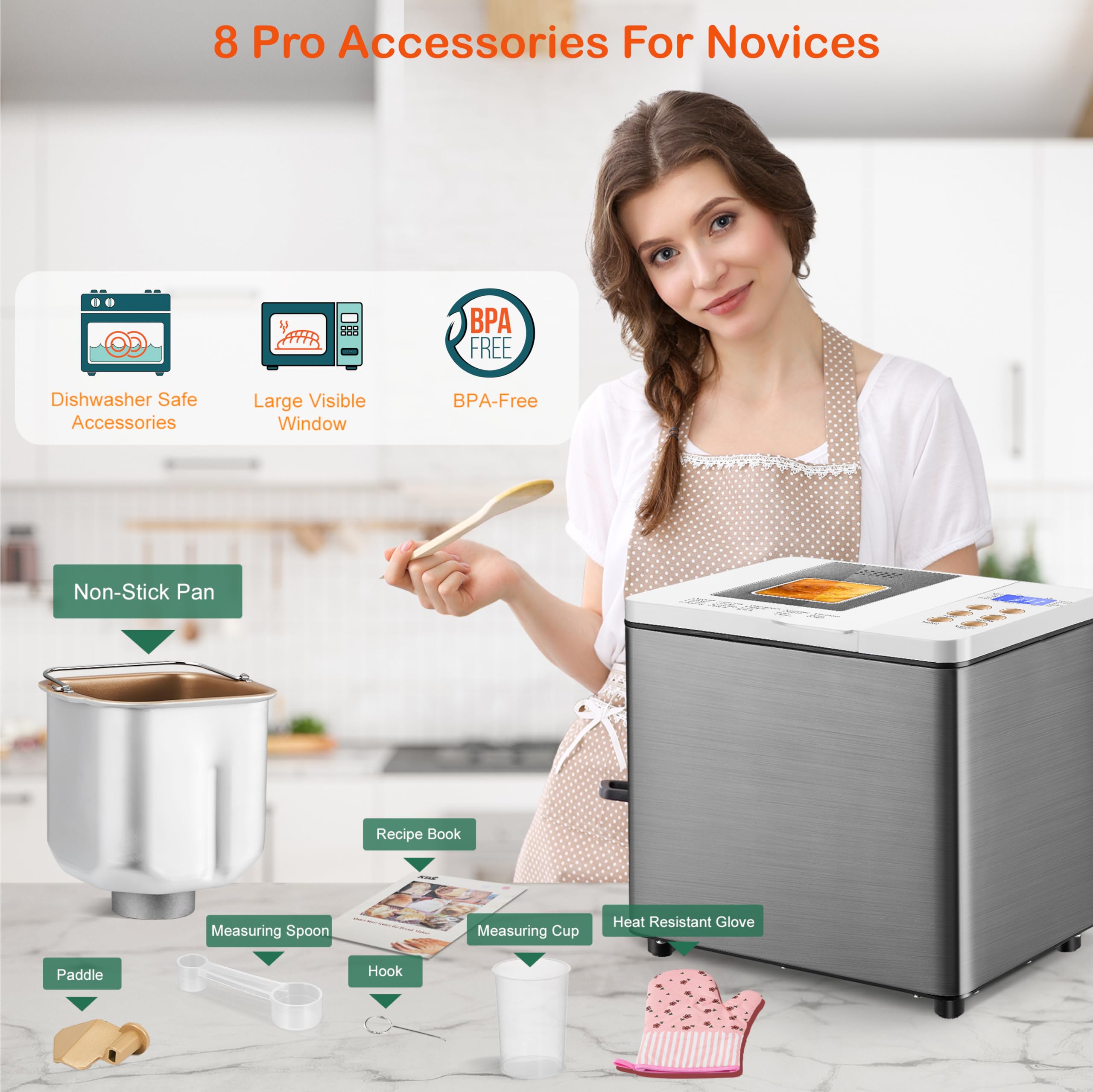 19-in-1 Smart Dual Heaters Bread Maker with Nonstick Ceramic Pan - 15H Timer & 1H Keep Warm - Stainless Steel Bread Machine for French, Gluten-Free, Sourdough - Perfect for Home Baking & Healthy Breakfast