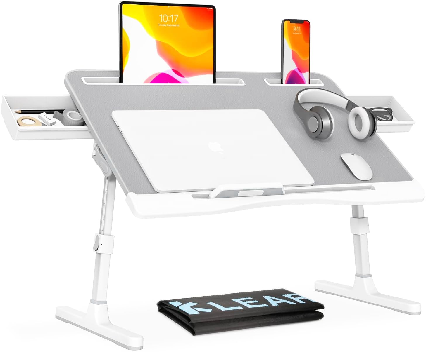 Adjustable Foldable Laptop Bed Tray Desk with 2 Drawers & Drawstring Bag - KLEAR Ergonomic Laptop Table for Working, Studying, Gaming & Eating - Portable Lap Desk for Home Office, Bedroom & Dorm Use (Grey)