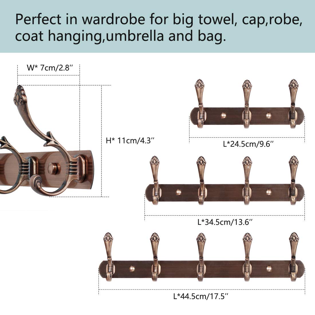 Stainless Steel Wall Mounted Coat Hook Rail with 4 Copper Hooks - Heavy Duty for Coats, Hats, Towels, Purses & Robes - Perfect for Bathroom, Closet, Bedroom & Entryway Organization