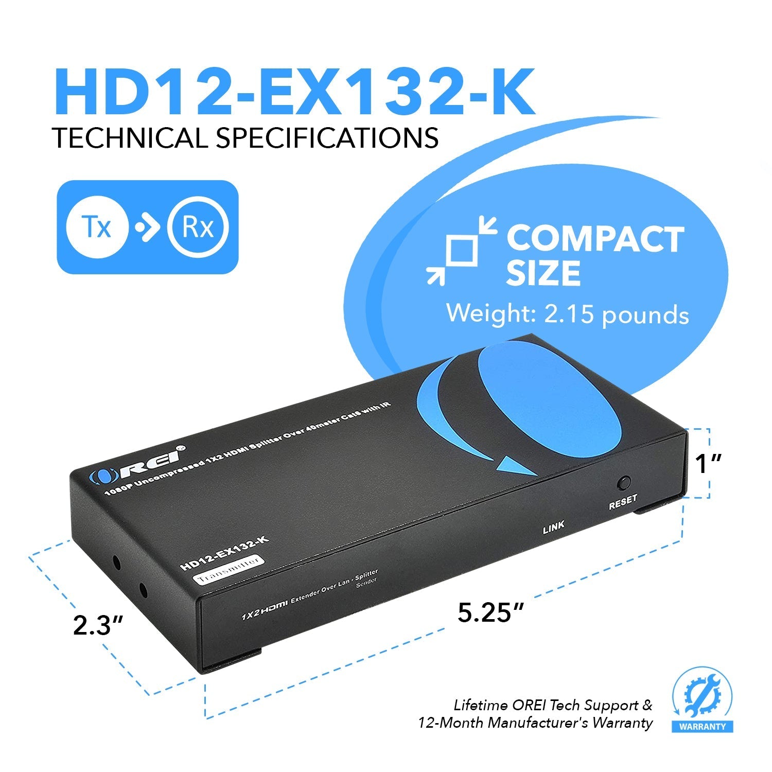 1x 2 HD Extender Splitter Up To 132 Feet (HD12 EX132 K) - 4K HDMI Signal Booster for Home Theater & Gaming Setup