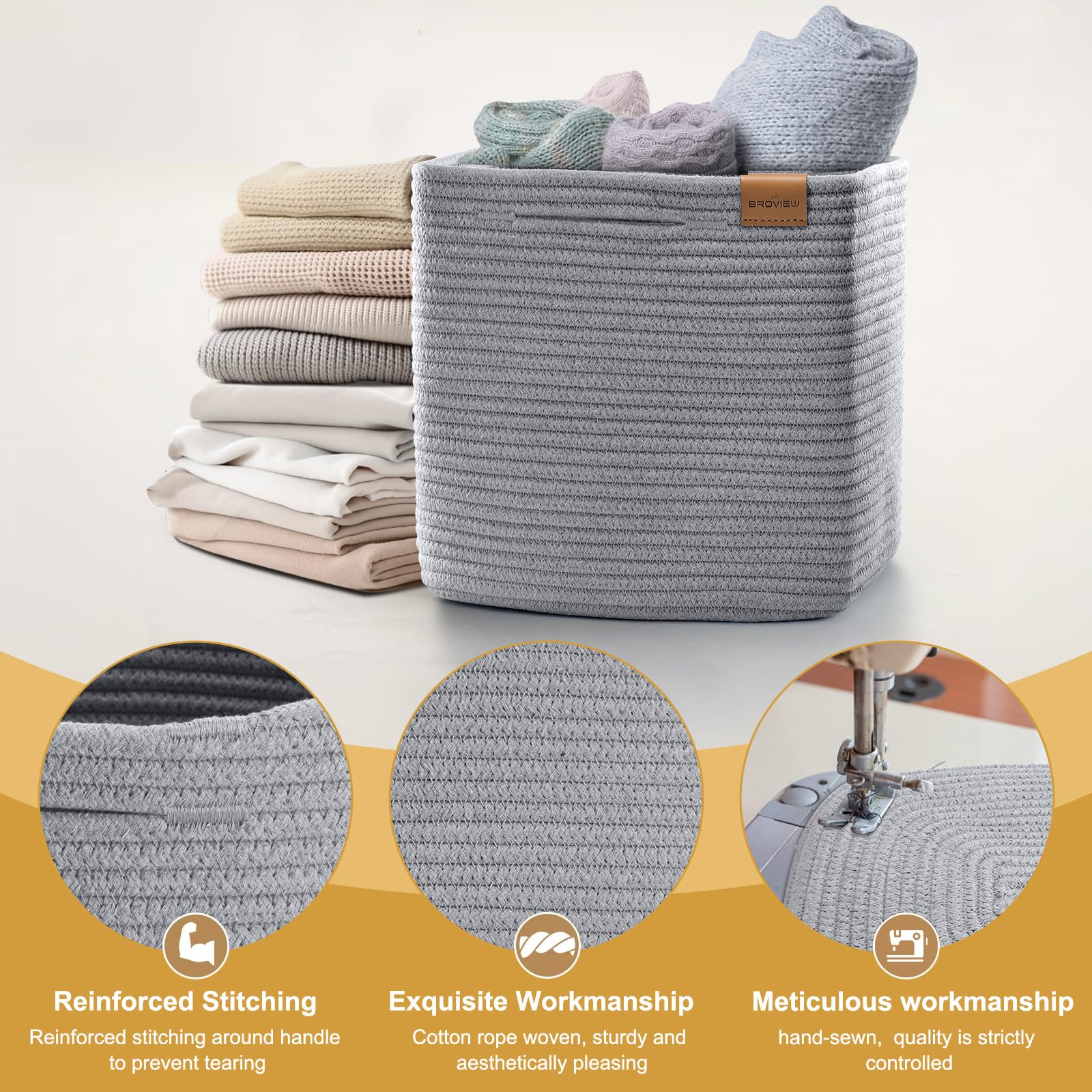 11 Inch Woven Storage Cubes - 3 Pack Cotton Rope Baskets for Shelves, Closet & Toy Organization | Kids Room, Nursery & Classroom Storage Solutions | Light Grey Home Decor Bins