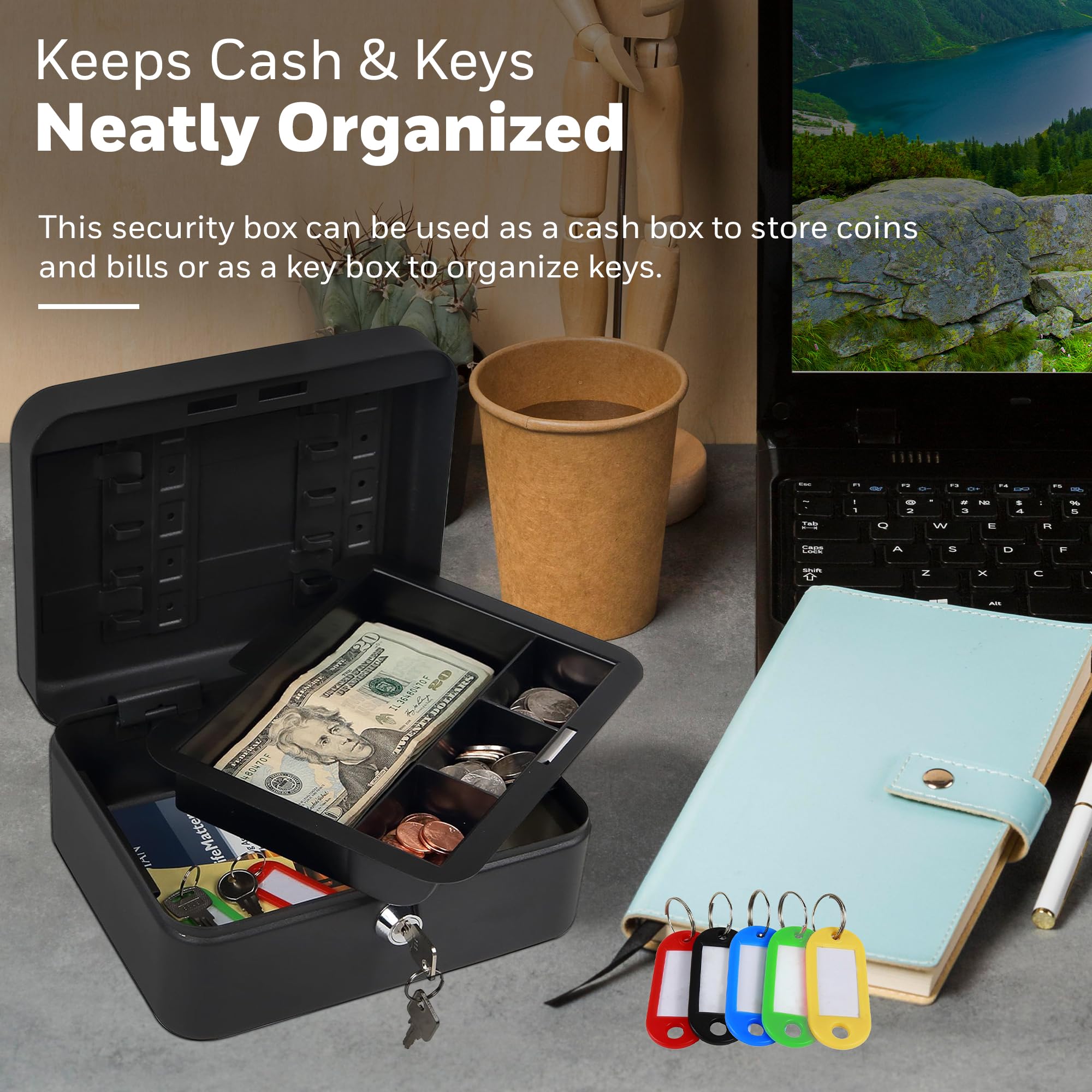 Honeywell Convertible Small Cash Box with Removable Money Tray - Durable Metal Lock Box with Key Lock, Storage Under Tray & 10 Key Hooks - 0.1 CU Black Money Safe (Model 6111) - Perfect for Home, Office, Retail Store Cash Storage & Valuables Protection