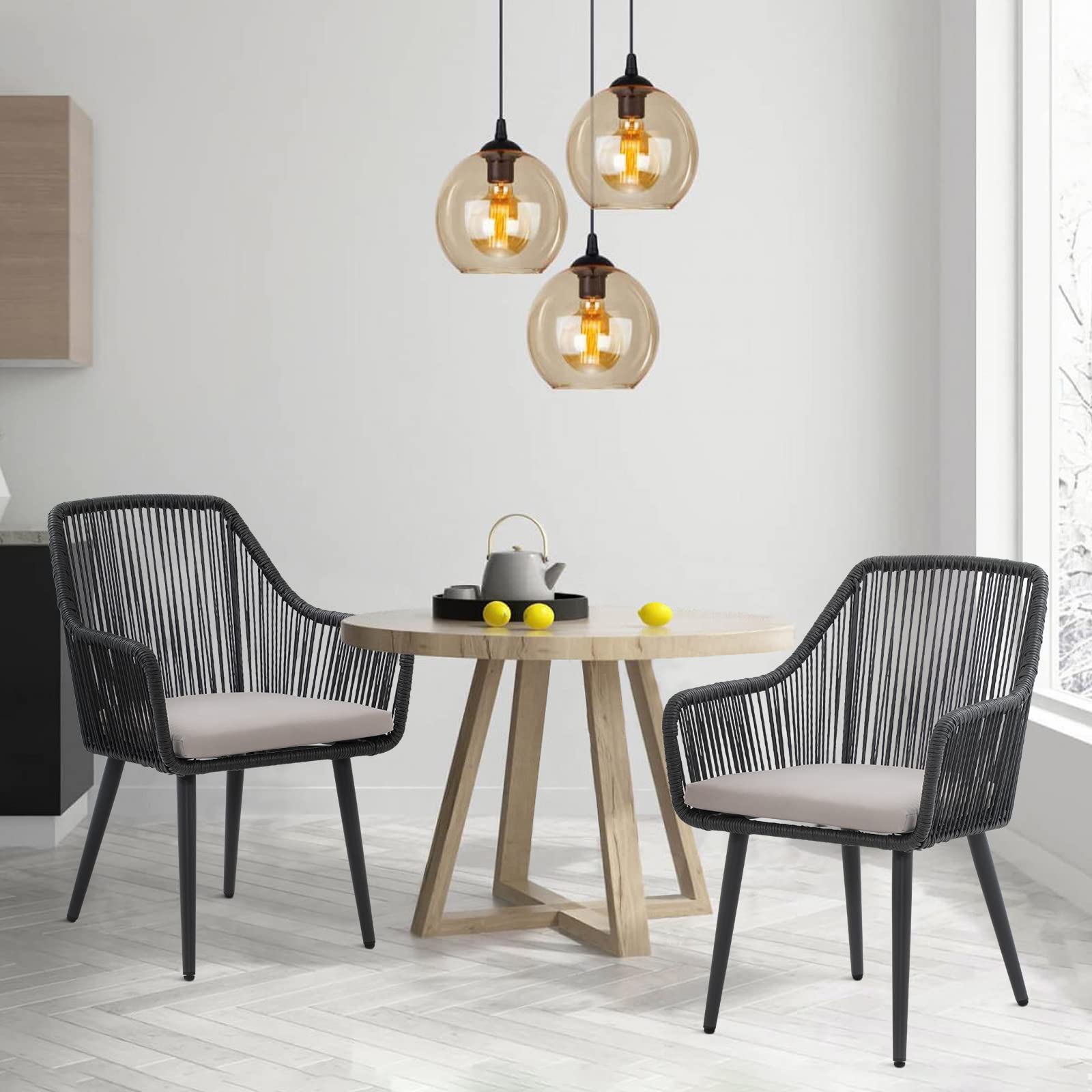 JOIVI 4-Piece Outdoor Patio Dining Chairs Set - Woven Rattan Wicker Chairs with Armrests & Cushions, Sturdy Iron Frame - Perfect for Garden, Backyard, Lawn, Balcony or Indoor Dining Room - Weather-Resistant for Year-Round Use