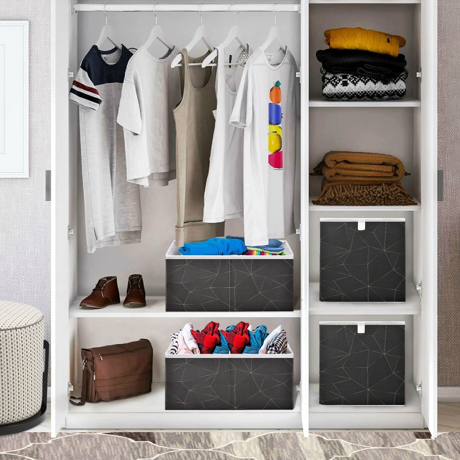Foldable Collapsible Marble Storage Baskets - 16 x 11 Inch Cube Organizer Bins for Shelves | Perfect for Pantry, Closet, Toys, Books & Office Organization | Stylish Home Storage Solution