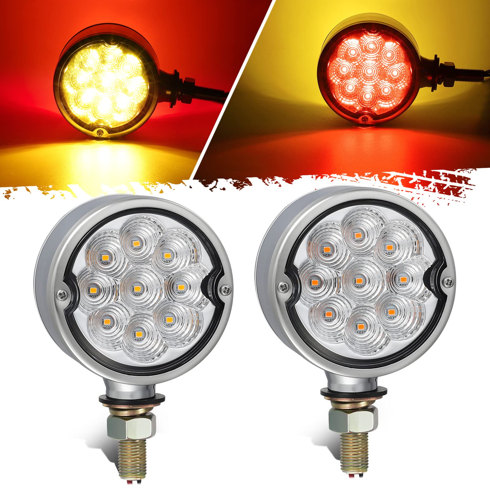Partsam 2Pcs Amber Red 18 LED Double Face Turn Signal Light Marker Lights - Aluminum Alloy Housing, Clear Lens, Single Stud - Compatible with Freightliner, Kenworth, Peterbilt Trucks - Perfect for Semi-Truck Lighting, Trailer Safety Markers & Heavy-Duty Vehicle Visibility