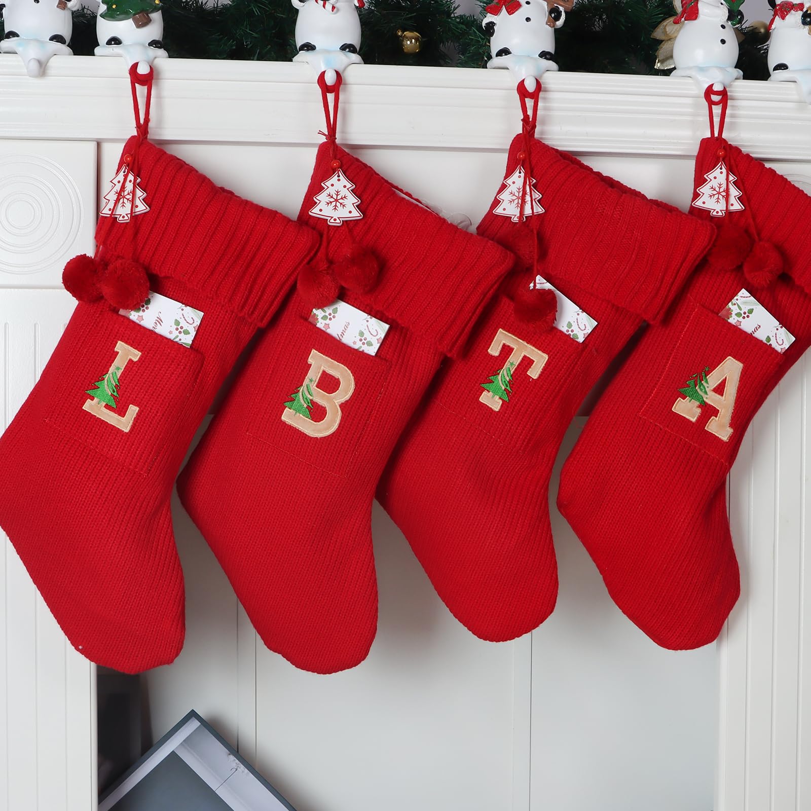 18 Inch Large Knit Personalized Christmas Stockings with Monogram Initial - Family Xmas Home Decor in White, Red & Green - Perfect for Fireplace, Tree & Holiday Decorations