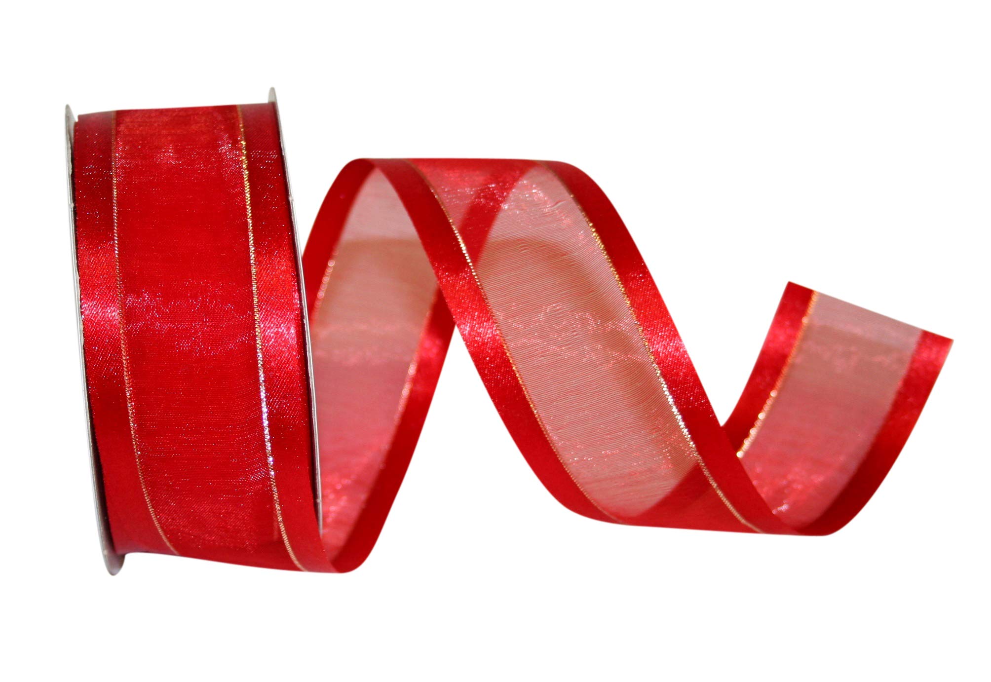 Reliant Ribbon Sheer Satin Edge Metallic Ribbon - 1.5 Inch x 25 Yards, Red - Perfect for Gift Wrapping, Wedding Decorations, DIY Crafts and Party Supplies