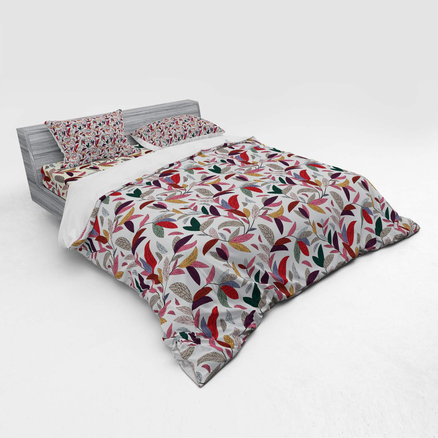 Ambesonne Floral Bedding Set - 4 Piece King Size Duvet Cover with Shams & Fitted Sheet, Modern Hand-Painted Leaf Swirl Design on Cream Background | Perfect for Master Bedroom, Guest Room & Boho Home Decor