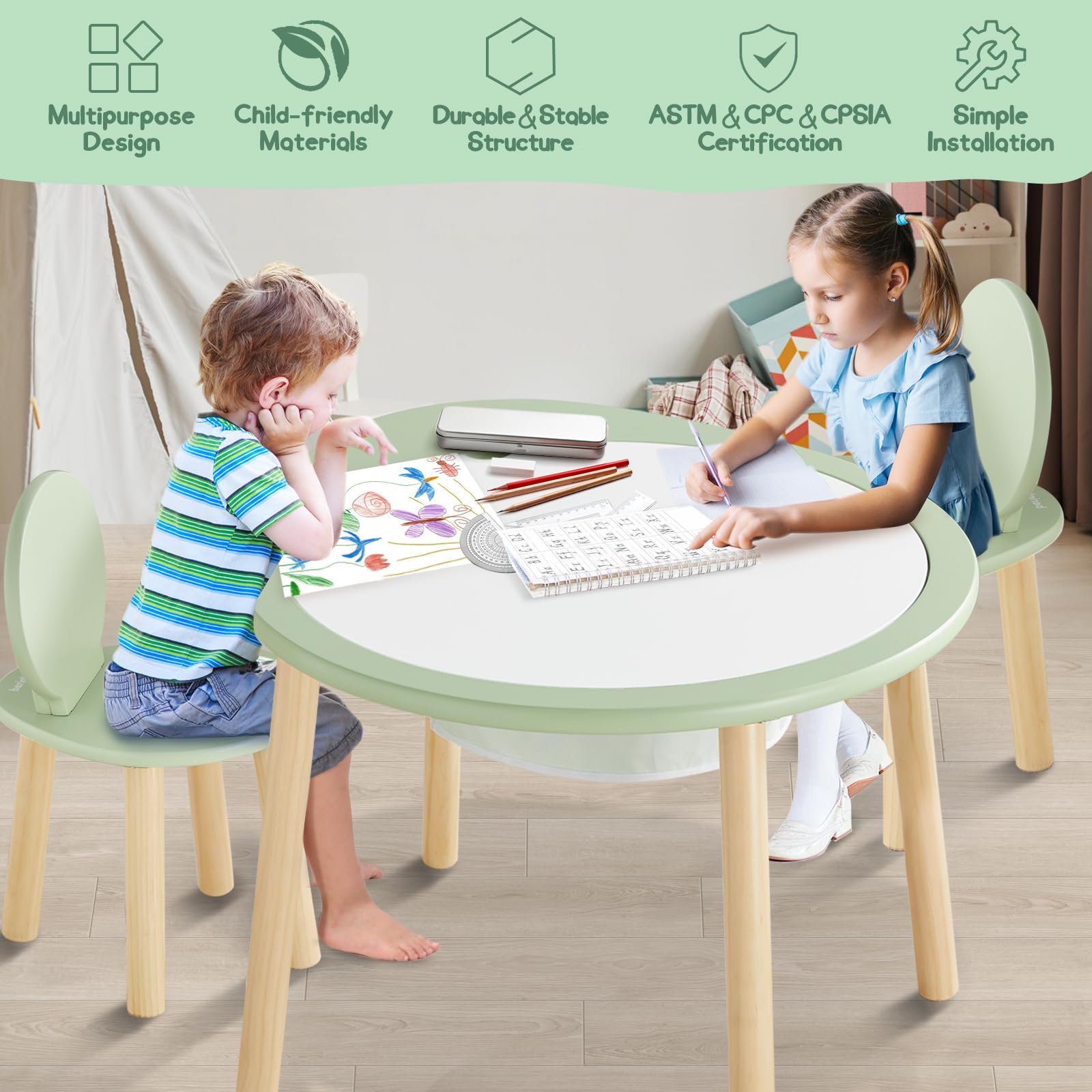 Beright Kids Wooden Table and Chairs Set - Round Play Table with 2 Chairs for Toddlers, Removable Top Panel & Storage Bag - Perfect for Bedroom, Playroom & Kids Room - Green | Ideal for Arts & Crafts, Snack Time & Learning Activities