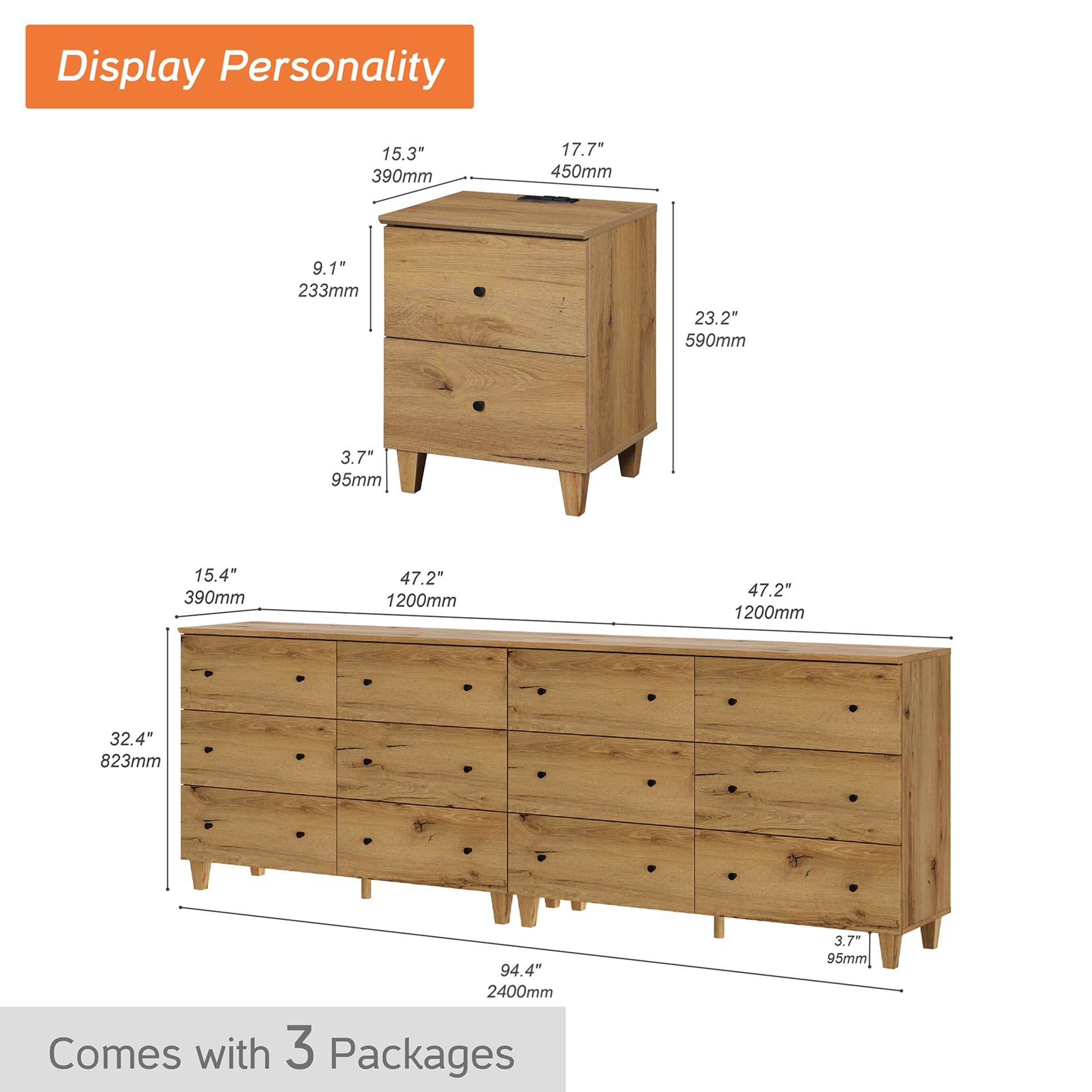 WAMPAT 3-Piece Dresser and Nightstand Set - 94.4
