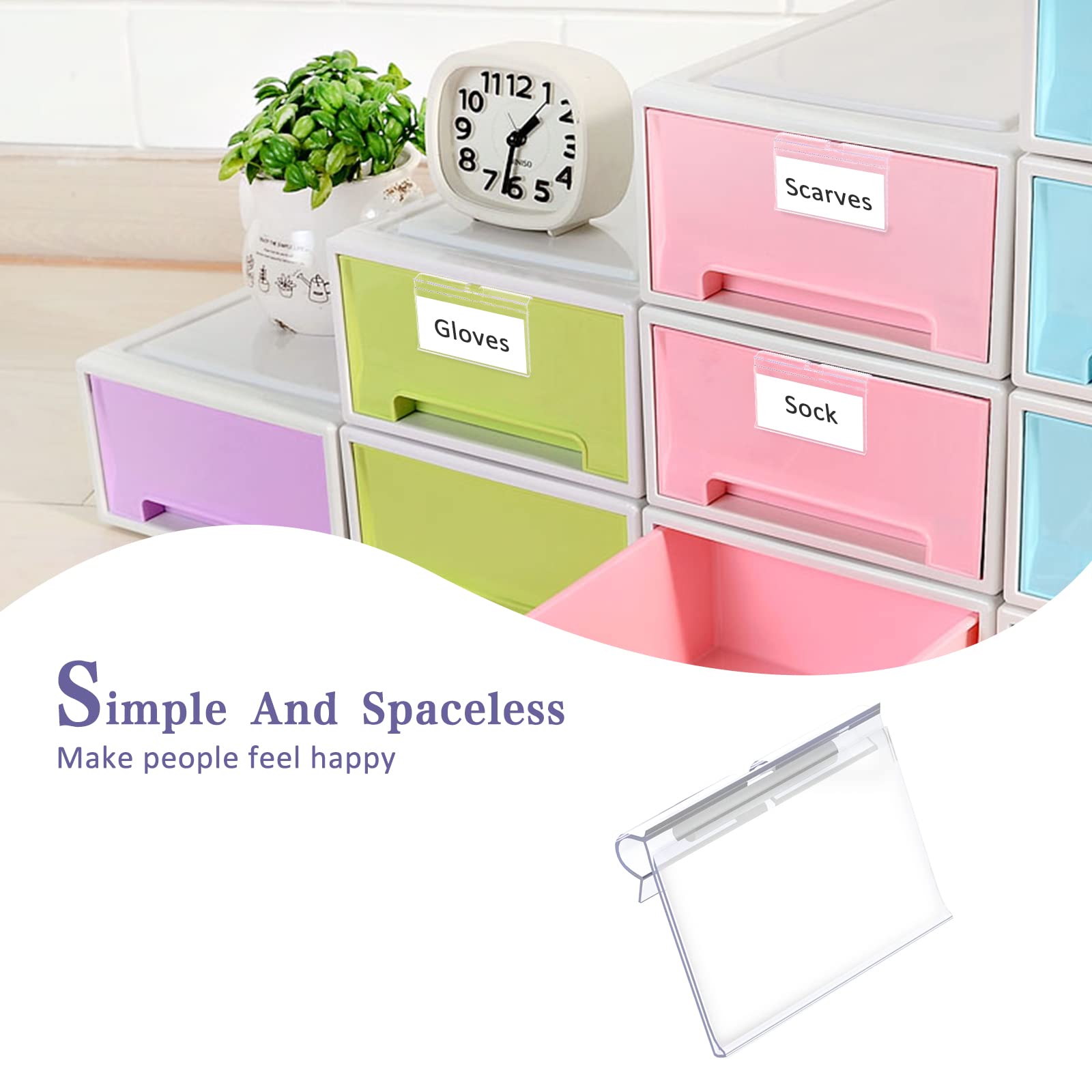 60PCS Clear Plastic Storage Bin Label Clips with 80 Extra Label Papers - 6X4.2CM Wire Shelf, Basket & Closet Organizers for Pantry, Fabric Cubes & Cloth Bins - Perfect for Home, Office & Classroom Organization
