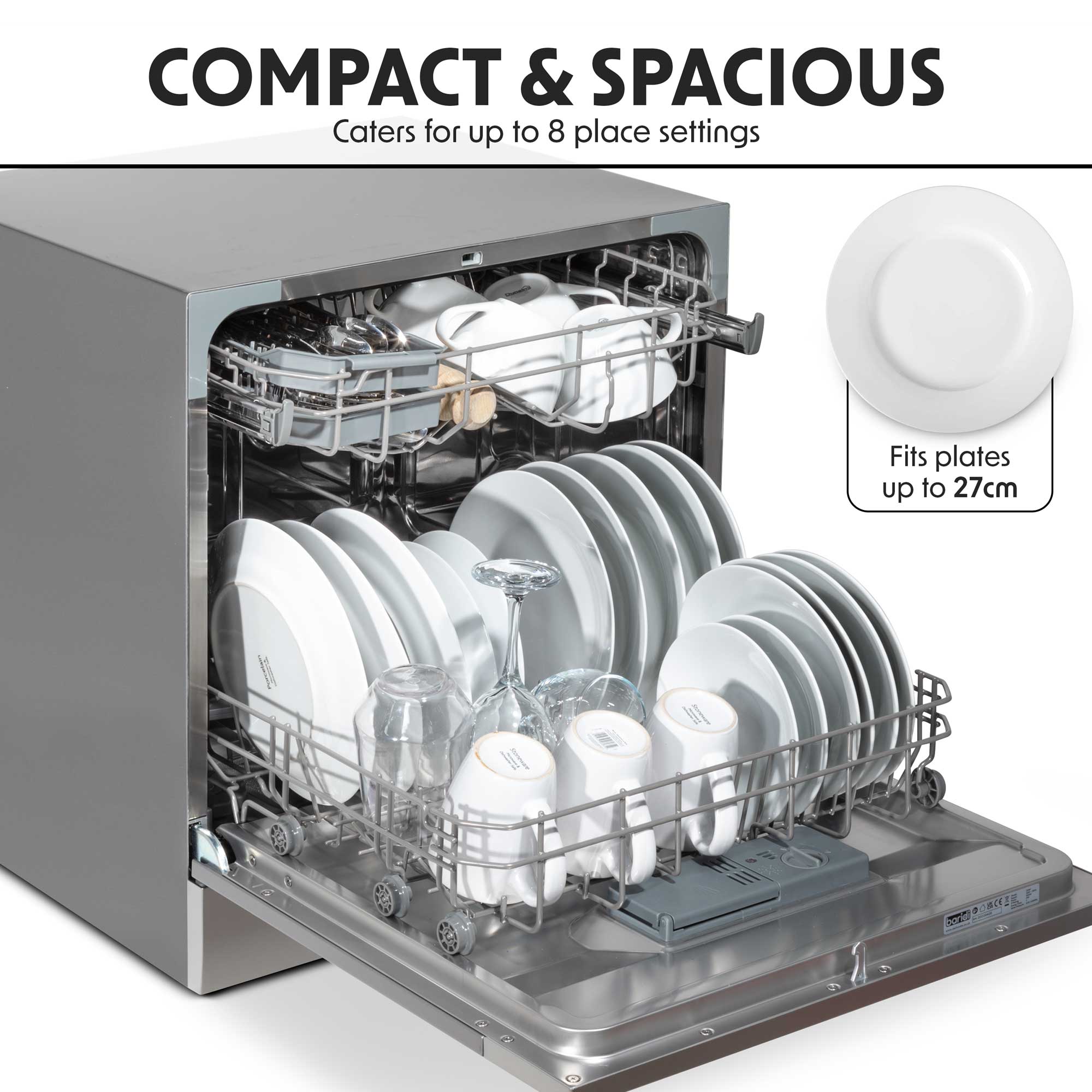 Baridi Compact Tabletop Dishwasher - 8 Place Settings, 6 Wash Programs, Ultra Quiet (42dB), 8L Capacity in Sleek Silver (Model DH87) | Perfect for Small Apartments, RVs, Dorms & Kitchenettes