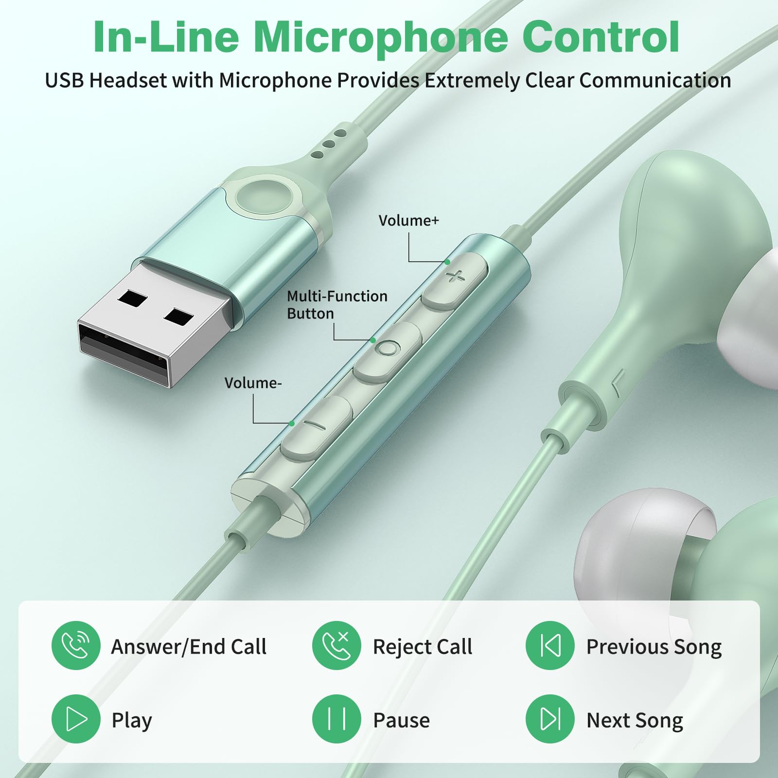 USB Computer Headset with Microphone - 7.5FT Cord Magnetic in-Ear Earbuds, Audio Control & Mute Function for PC Laptop Desktop - Perfect for Office Work, Live Streaming, Gaming & Online Meetings