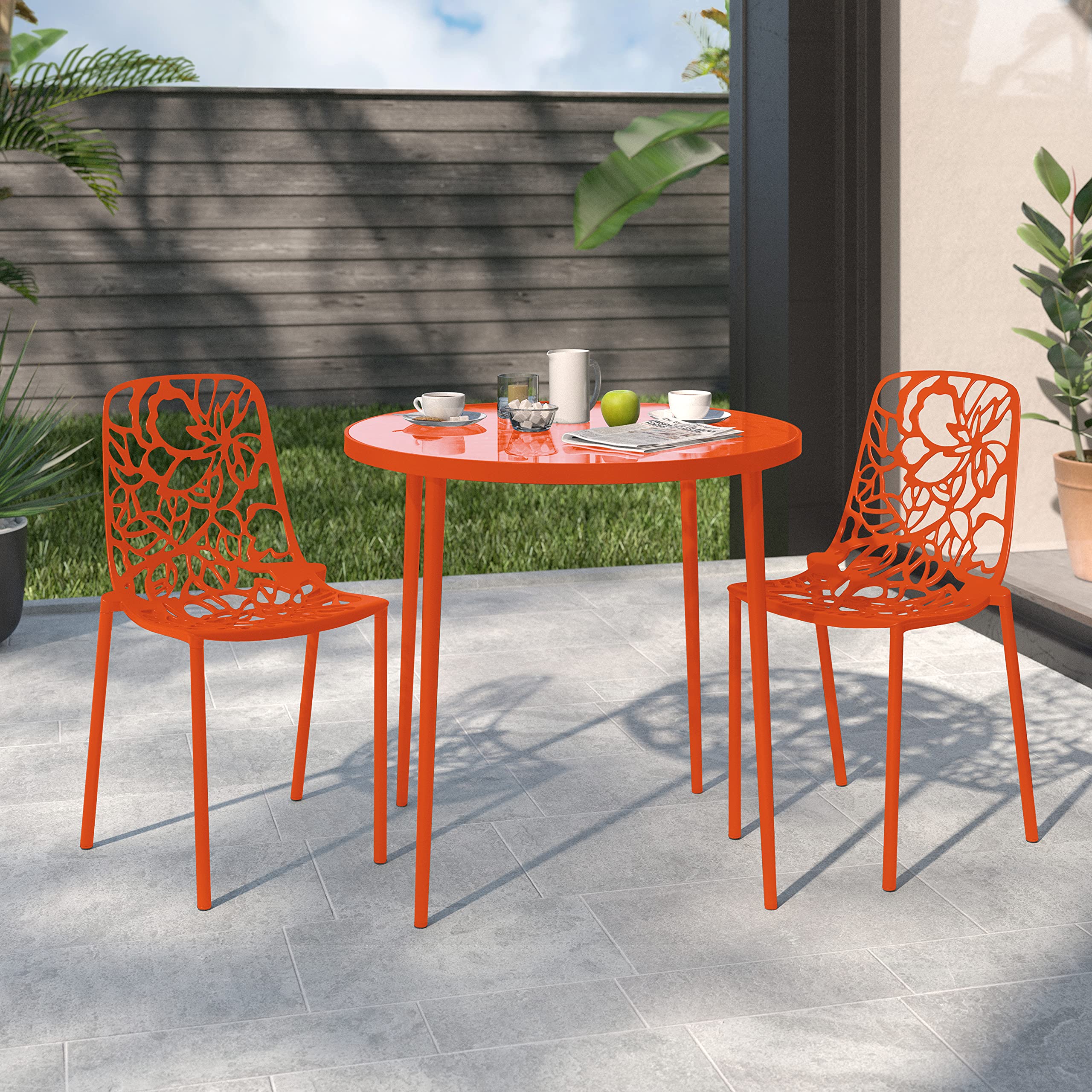 LeisureMod Aluminum Stackable Patio Chairs Set of 2 - Indoor/Outdoor Dining Side Chairs with Floral Cutout Design, Devon Collection in Orange - Perfect for Backyard, Garden, Poolside & Kitchen Use