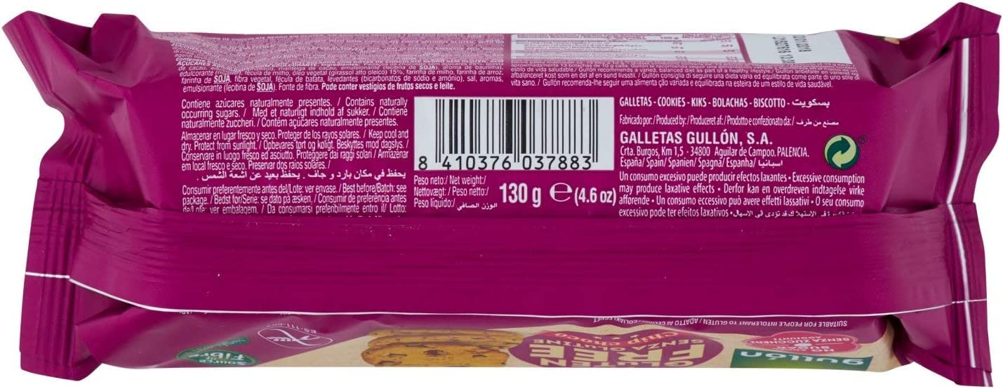 Gullon Gluten Free Dark Chocolate Chip Cookies - 4 Pack (130g Each) | Crunchy, Delicious & Healthy Snack for Kids, Adults & Celiac Diet | Perfect for Lunchboxes, Tea Time & On-the-Go Snacking